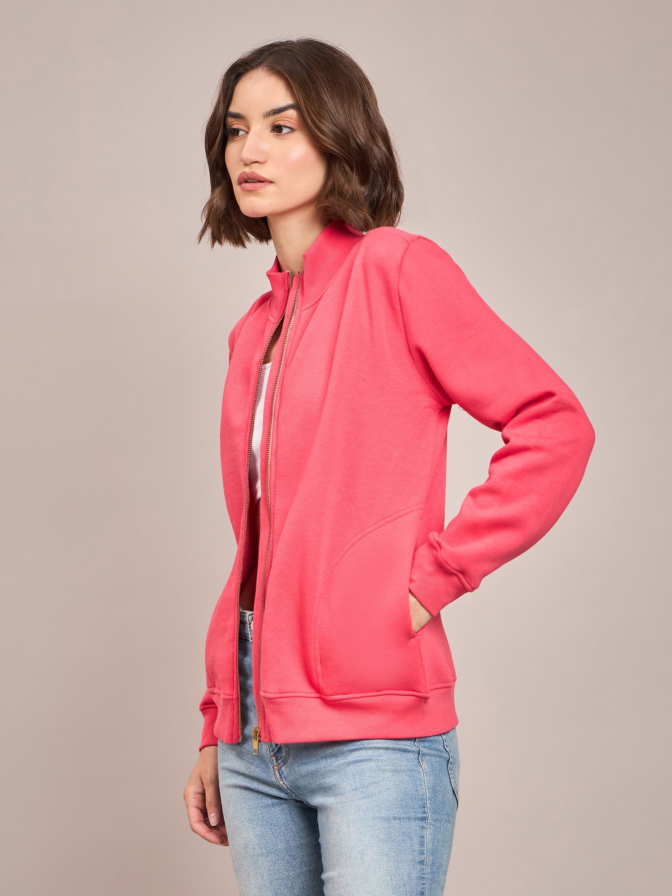 Women Pink Fleece Zipper Jacket