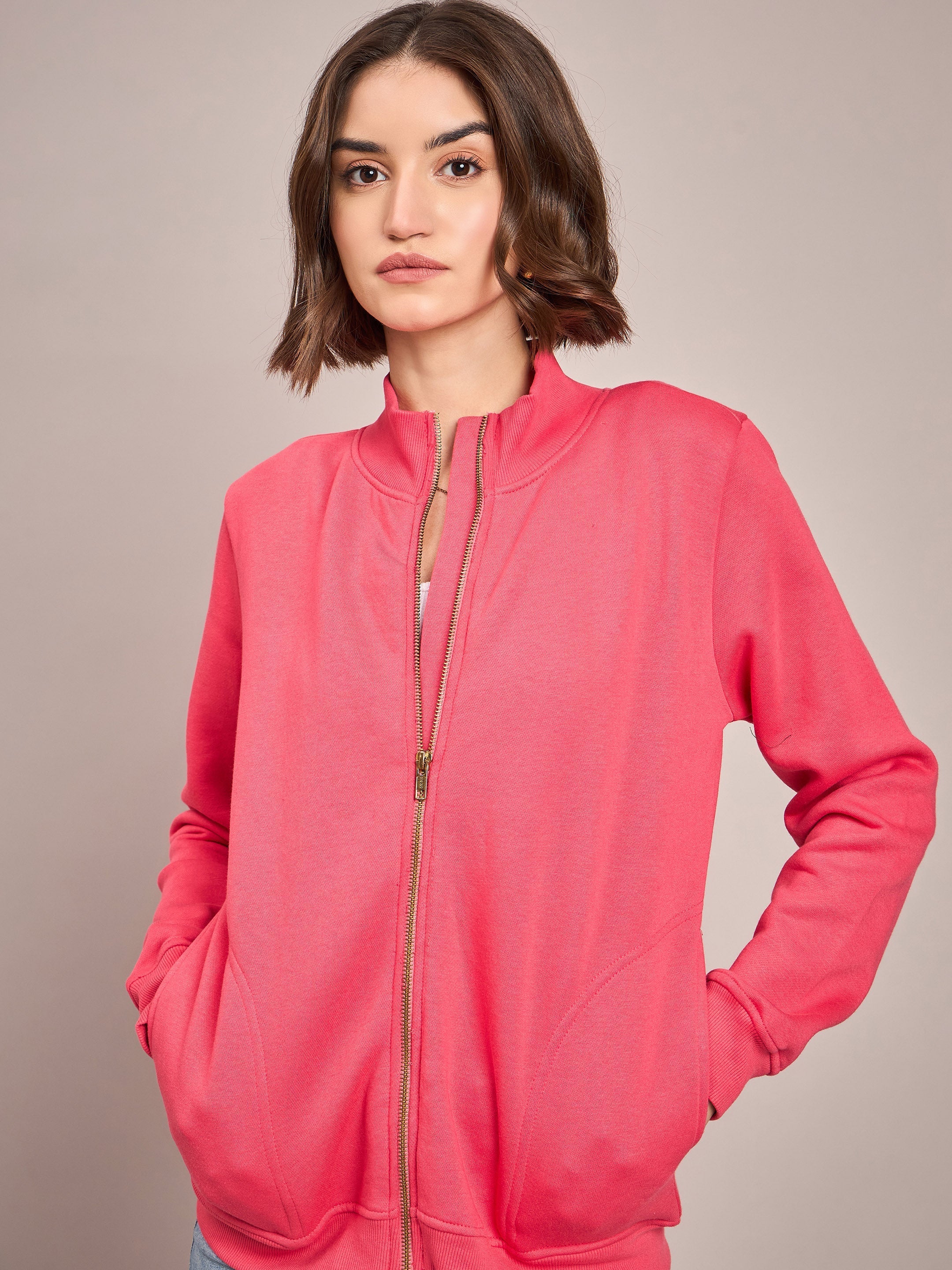 Women Pink Fleece Zipper Jacket