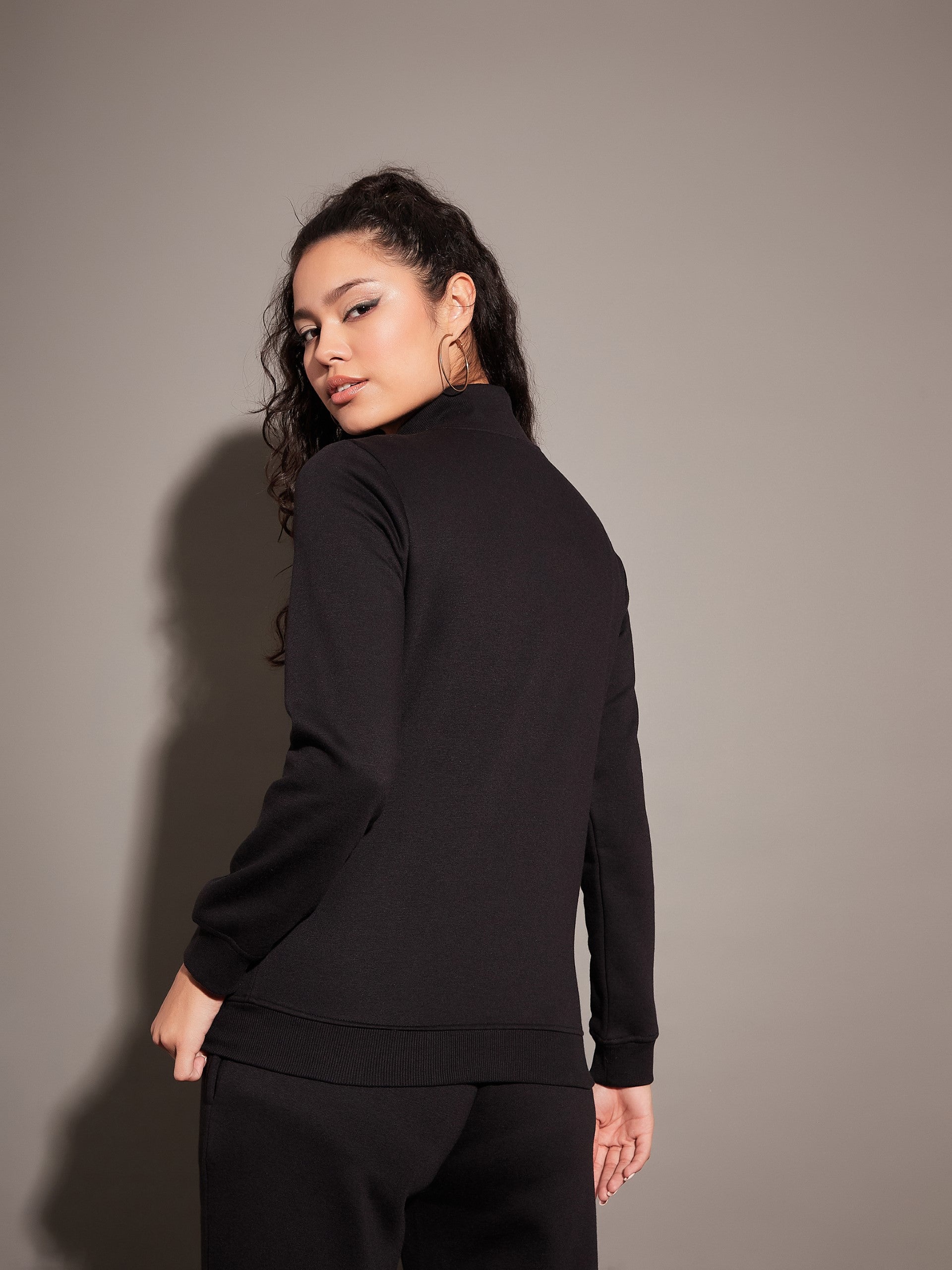 Women Black Fleece Zipper Jacket