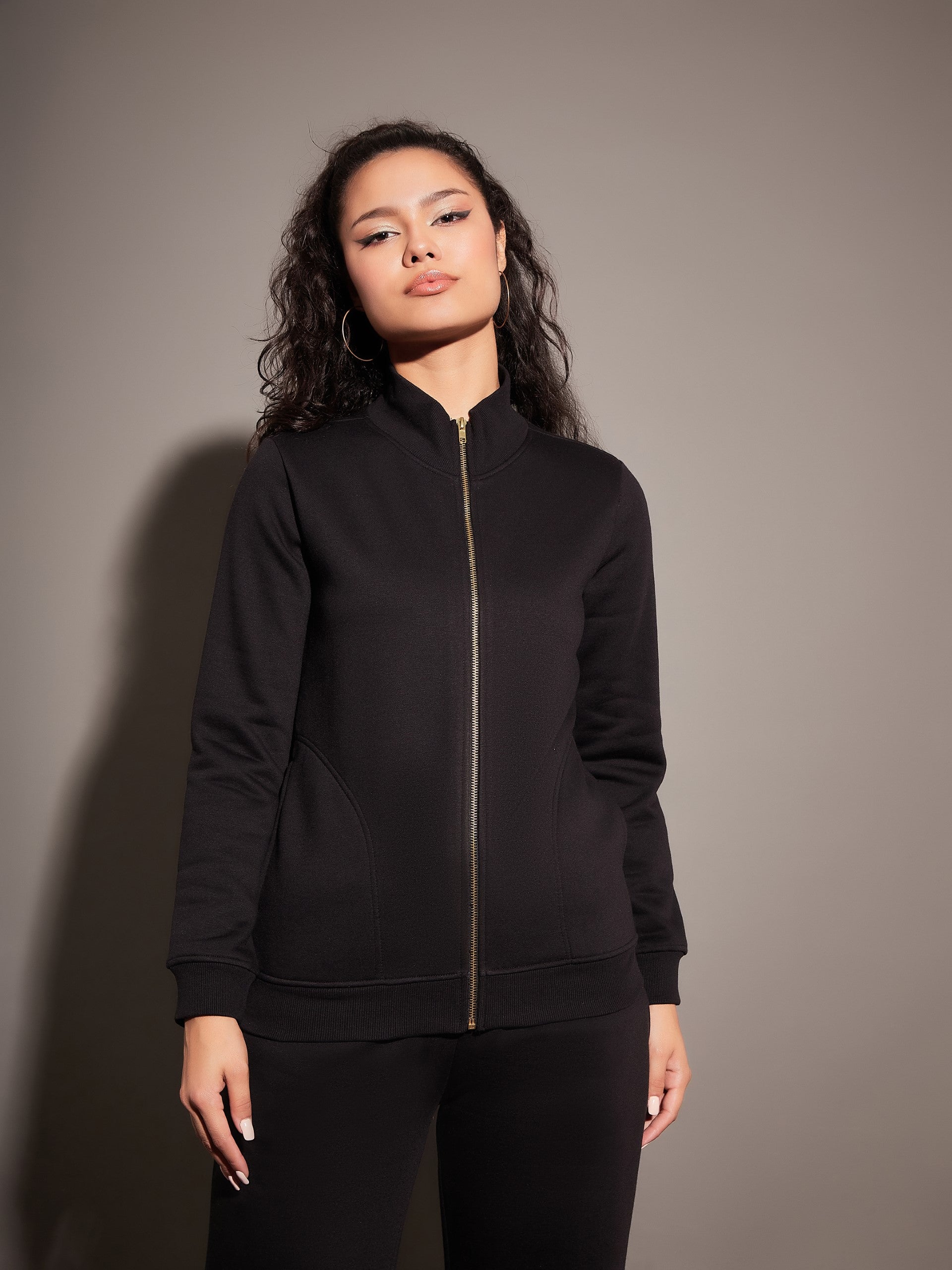 Women Black Fleece Zipper Jacket