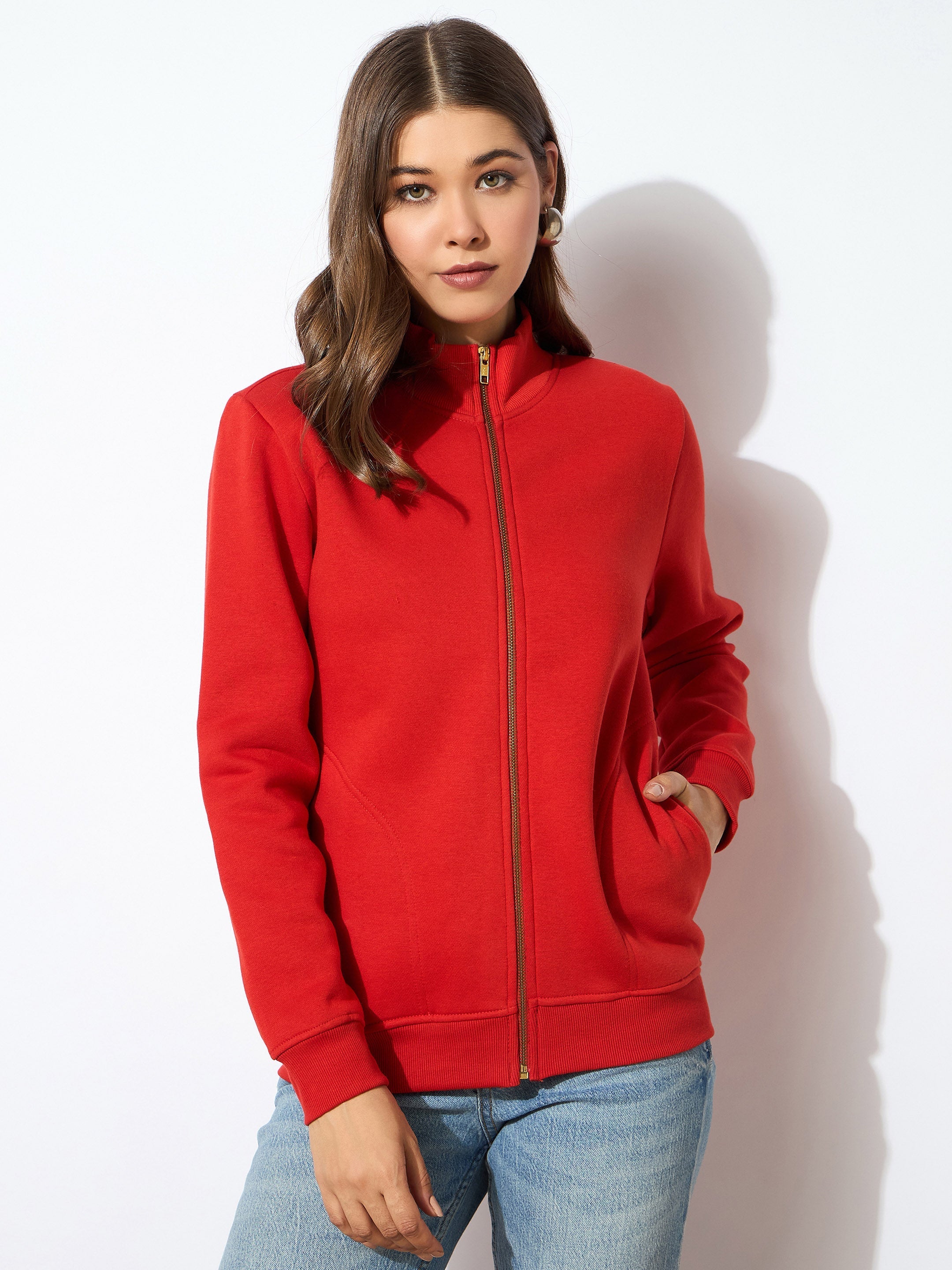 Women Red Fleece Zipper Jacket