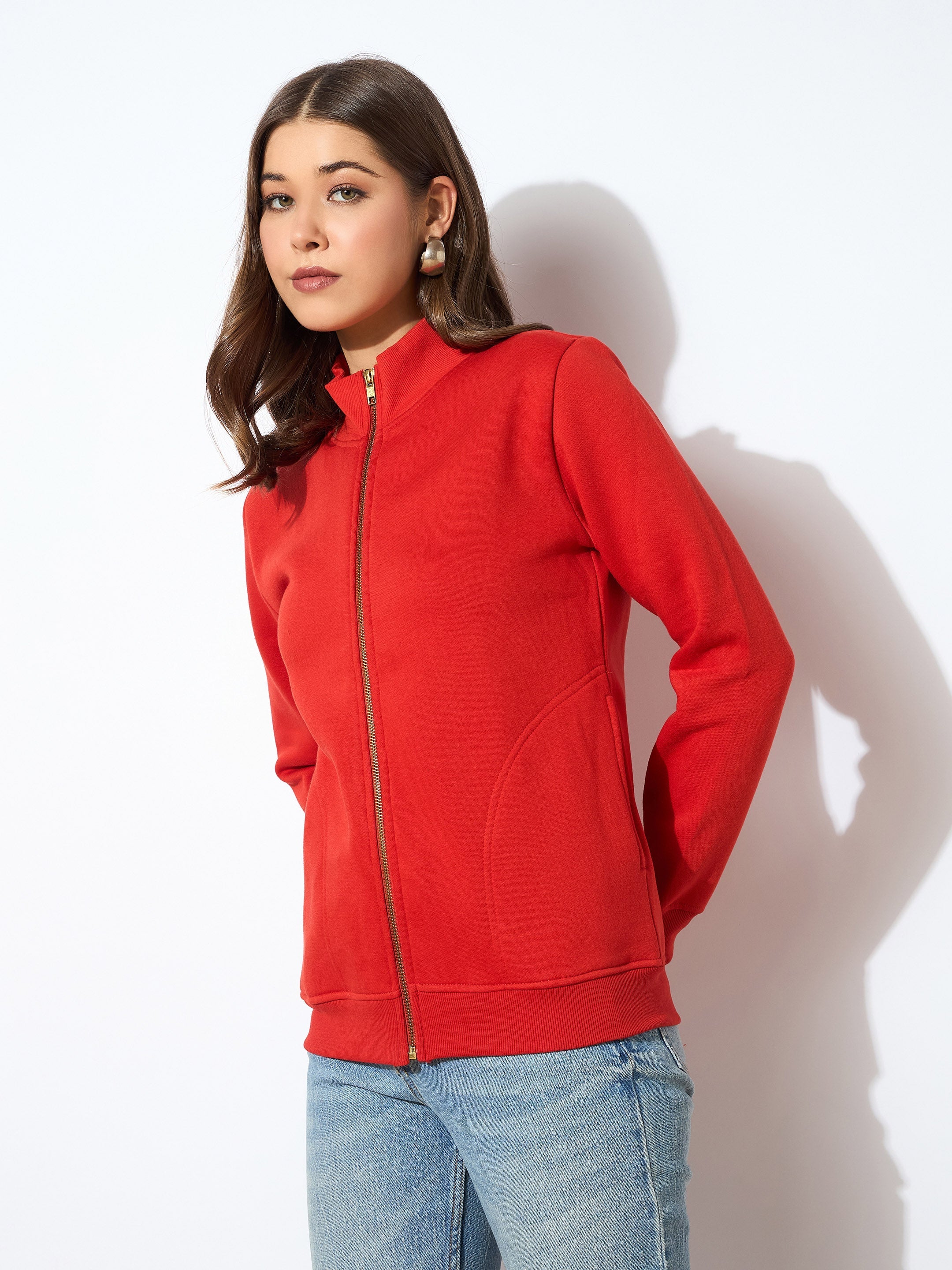 Women Red Fleece Zipper Jacket