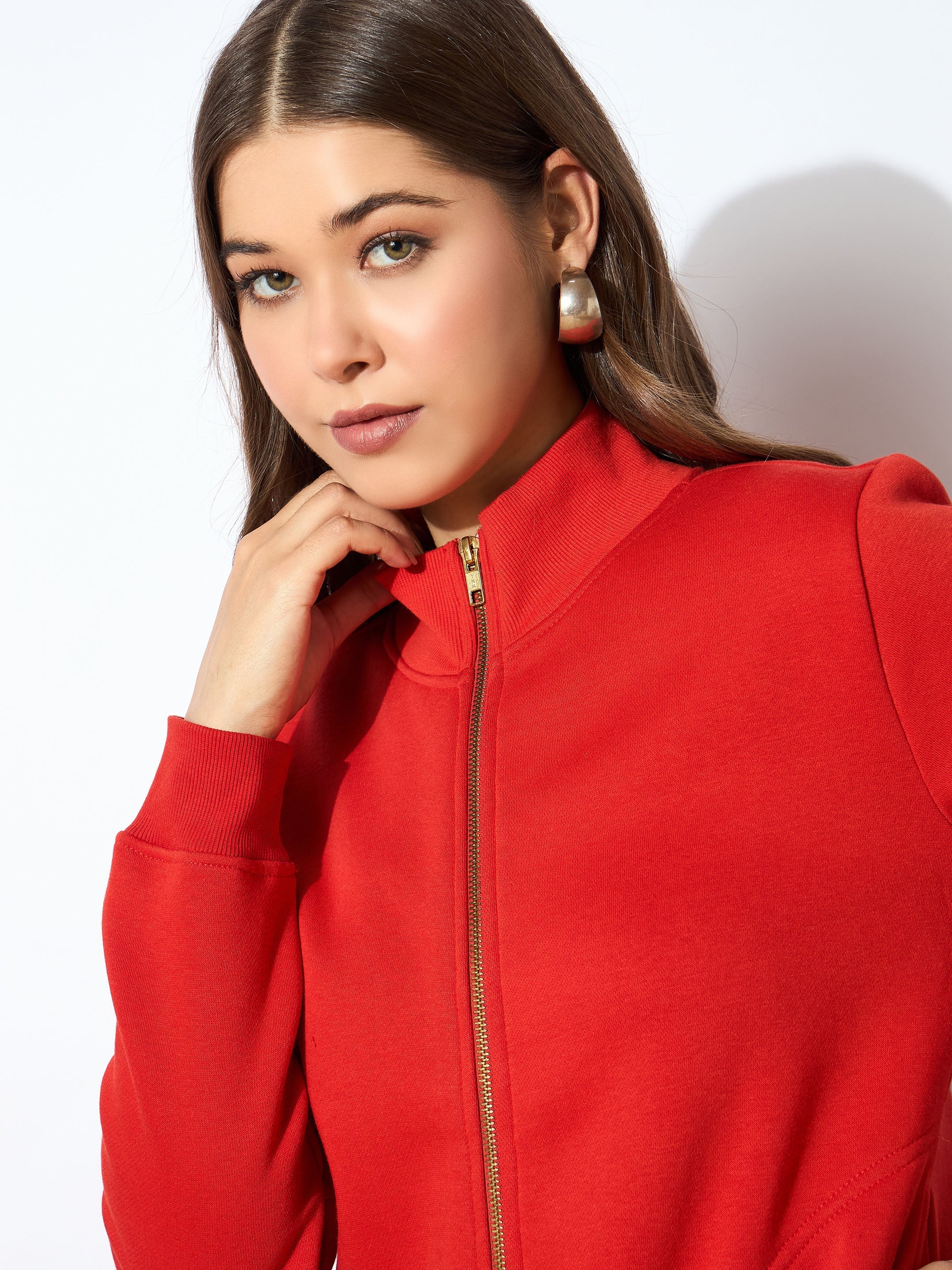 Women Red Fleece Zipper Jacket