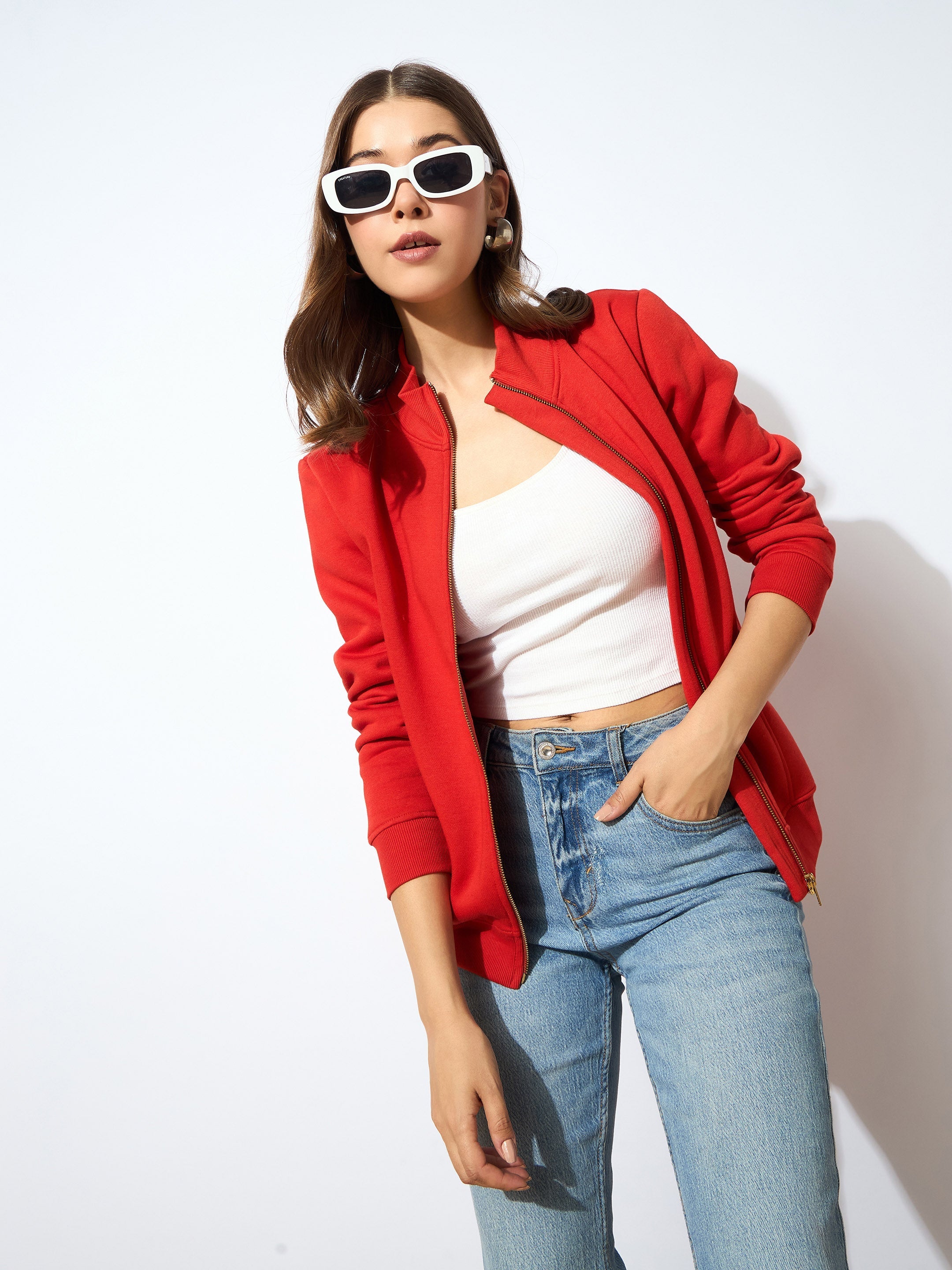 Women Red Fleece Zipper Jacket