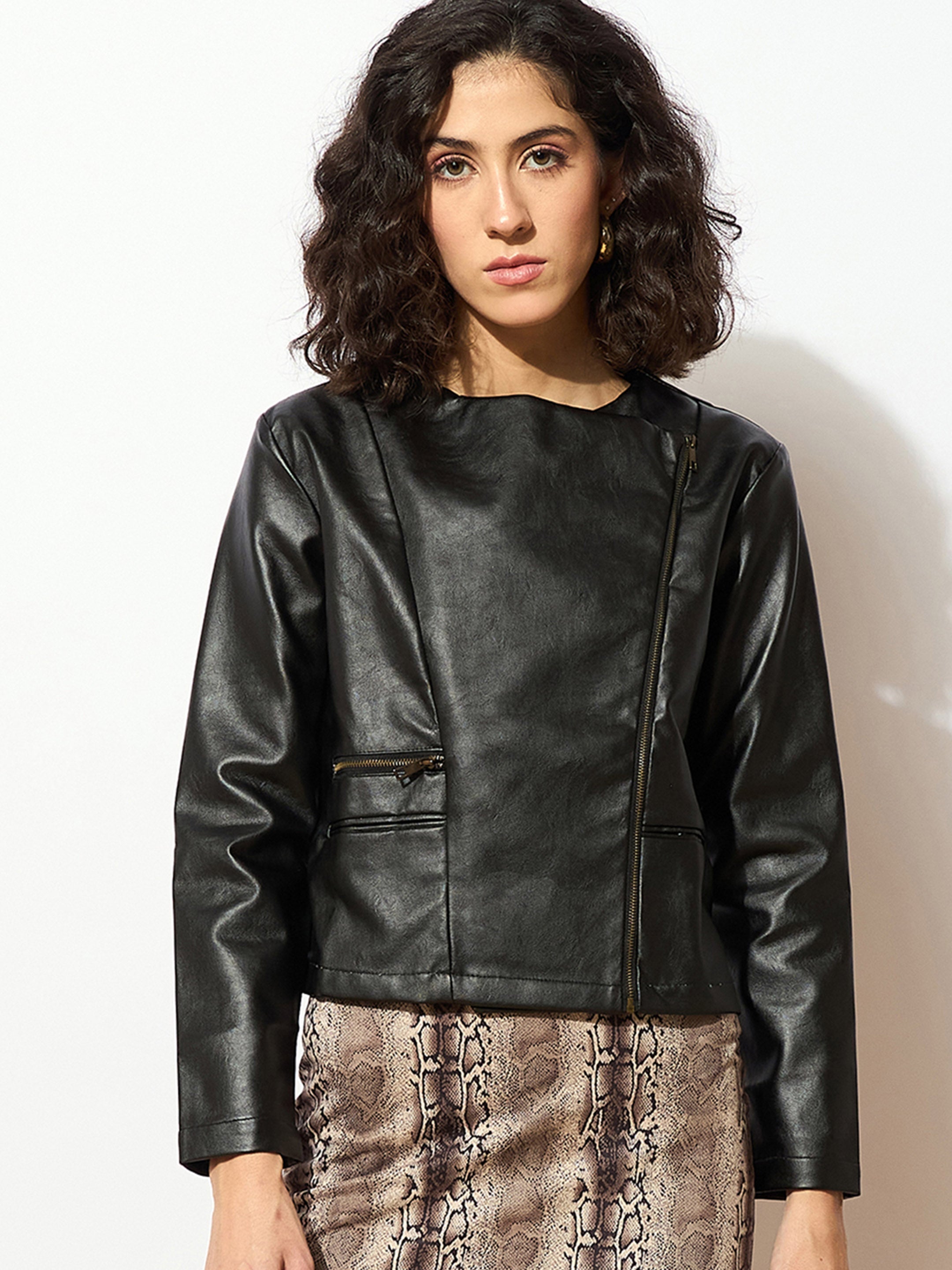 Women Black PU Biker Jacket