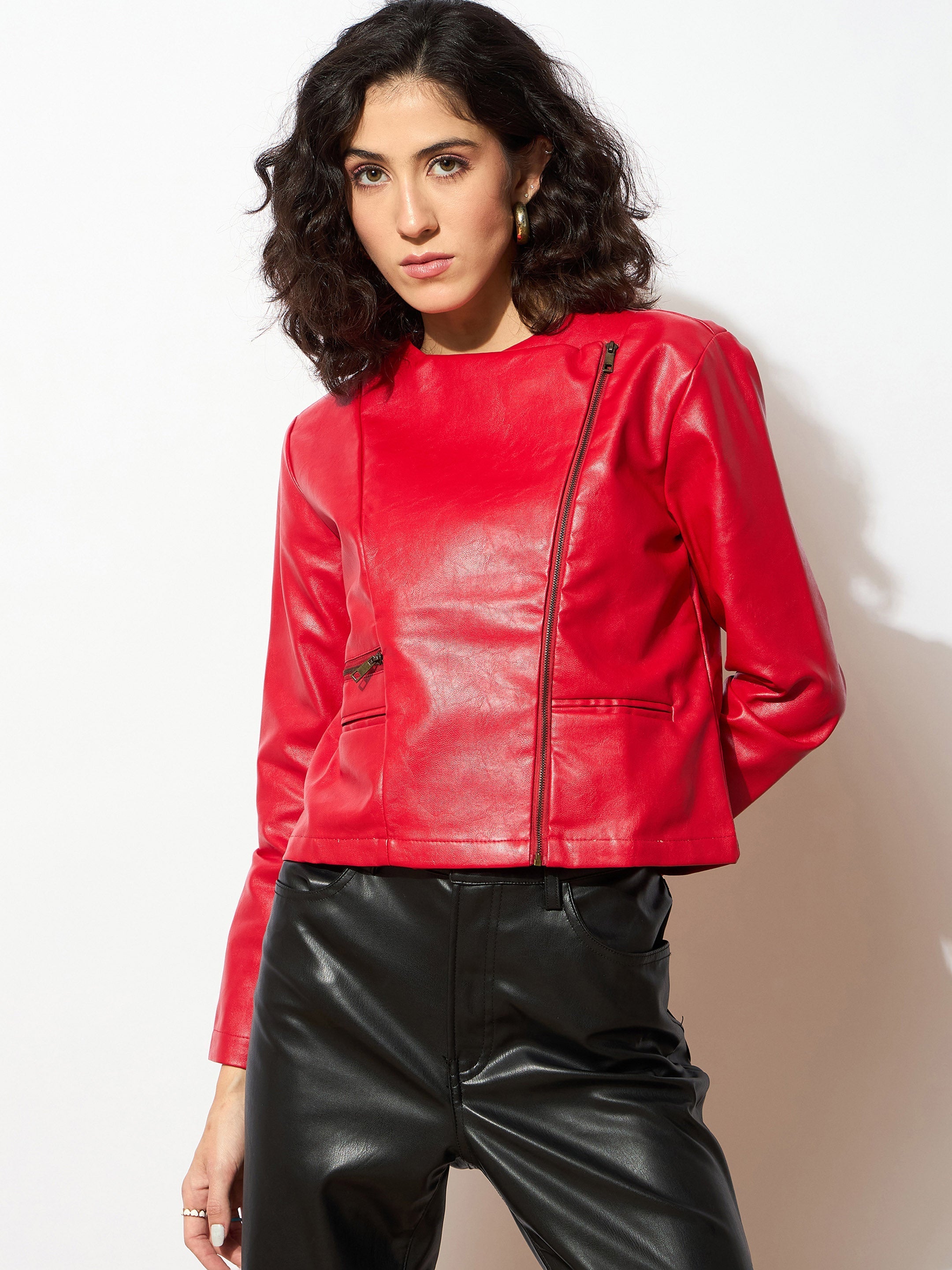 Women Red PU Biker Jacket