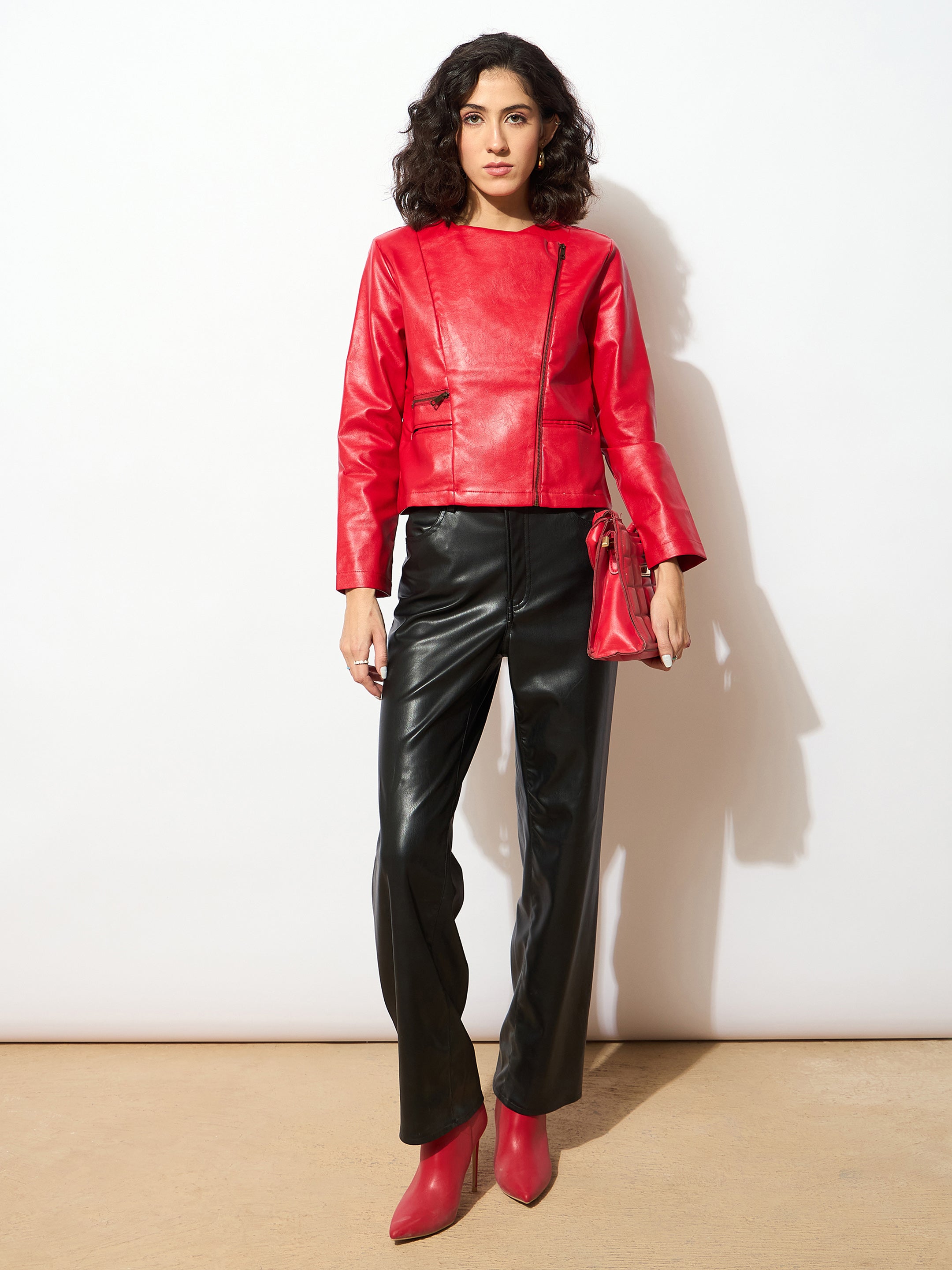 Women Red PU Biker Jacket