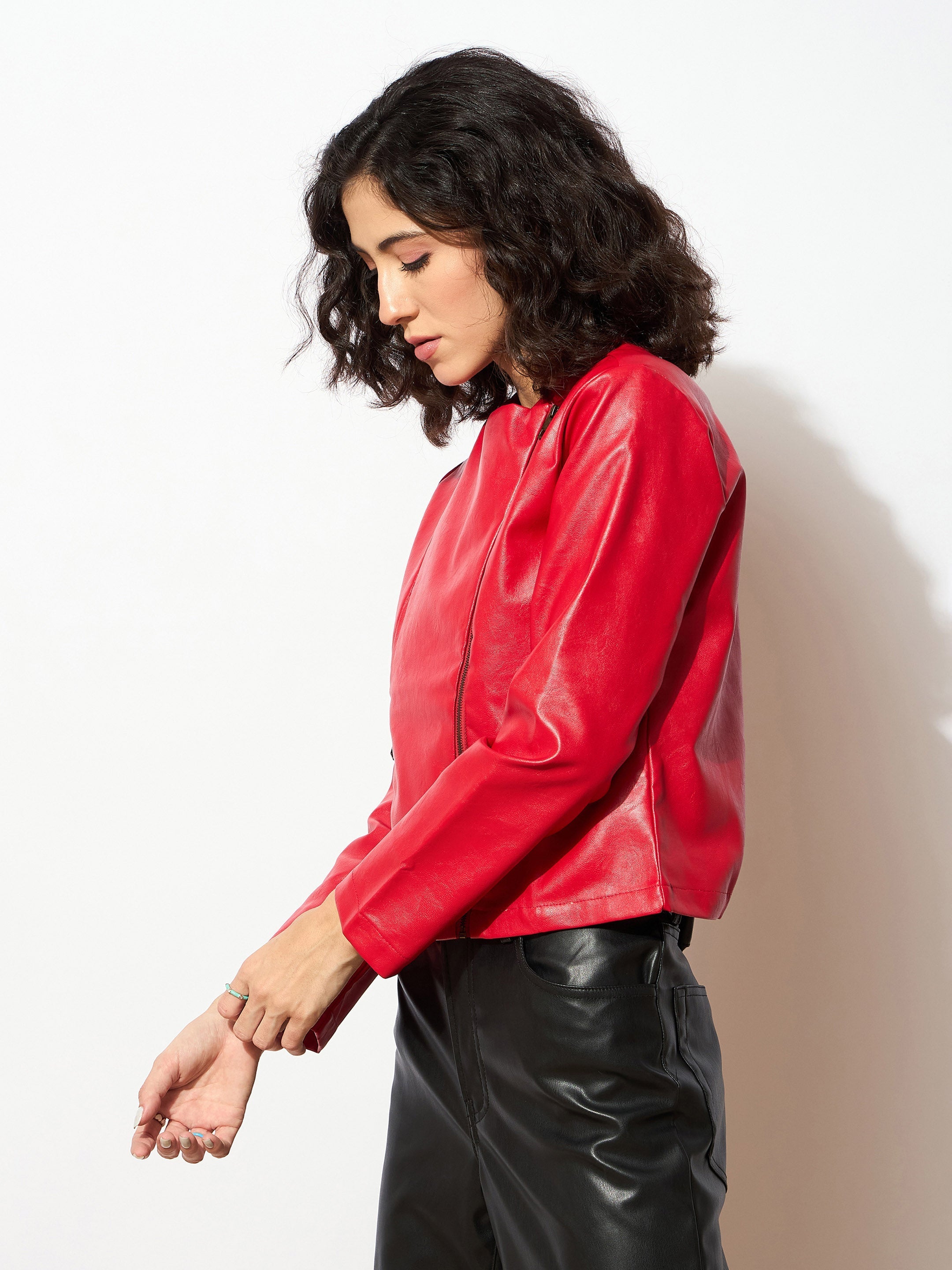 Women Red PU Biker Jacket