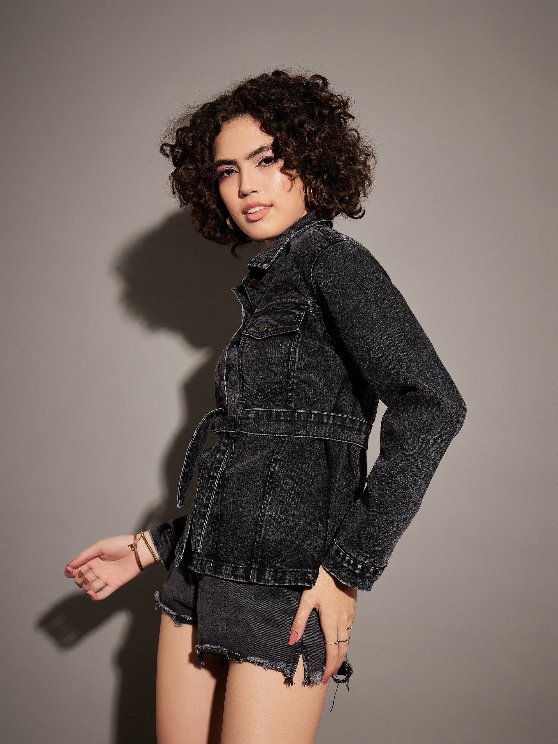 Women Black Washed Denim Belted Jacket