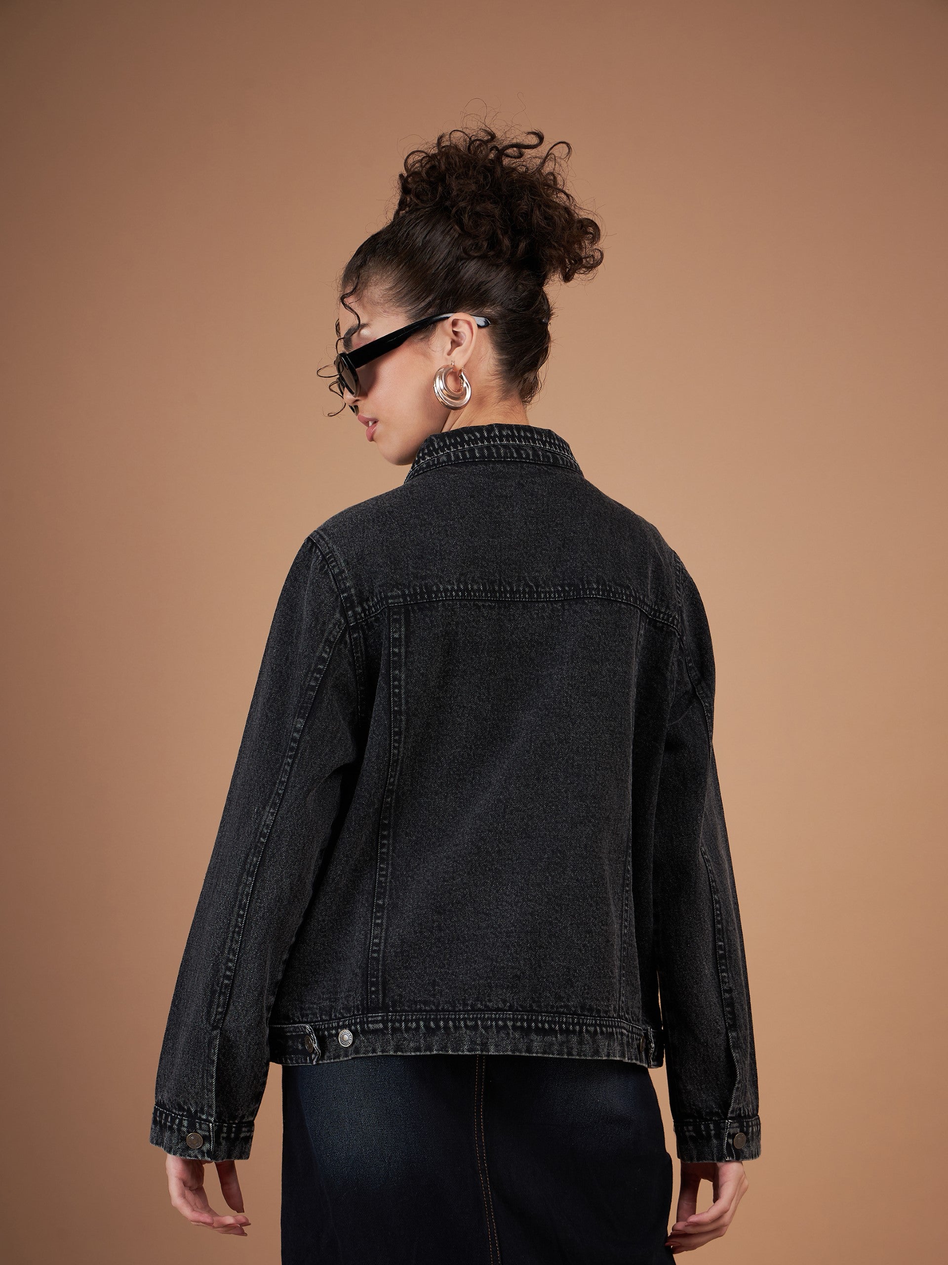 Women Black Washed Denim Regular Jacket