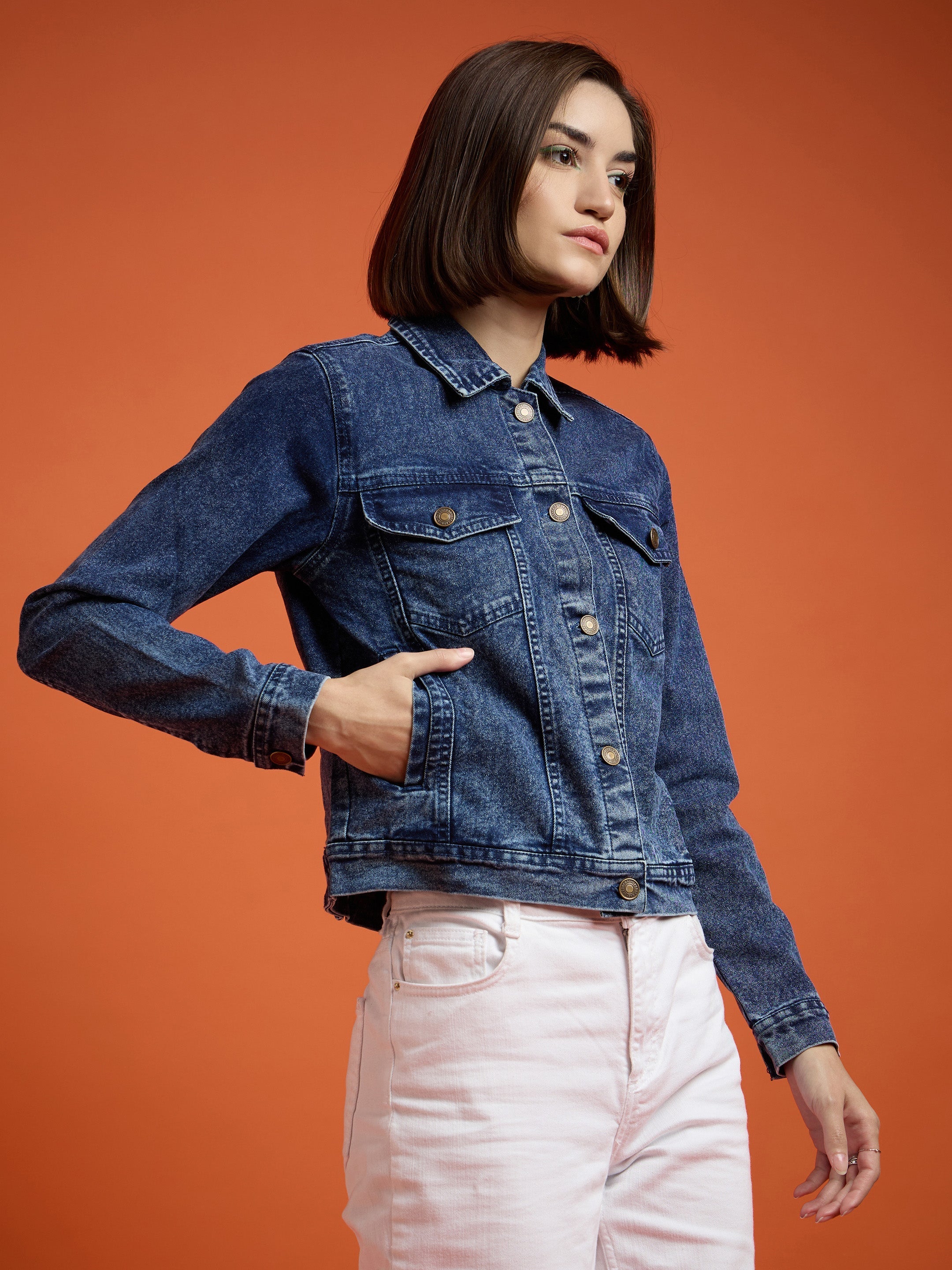 Women Navy Washed Denim Regular Jacket