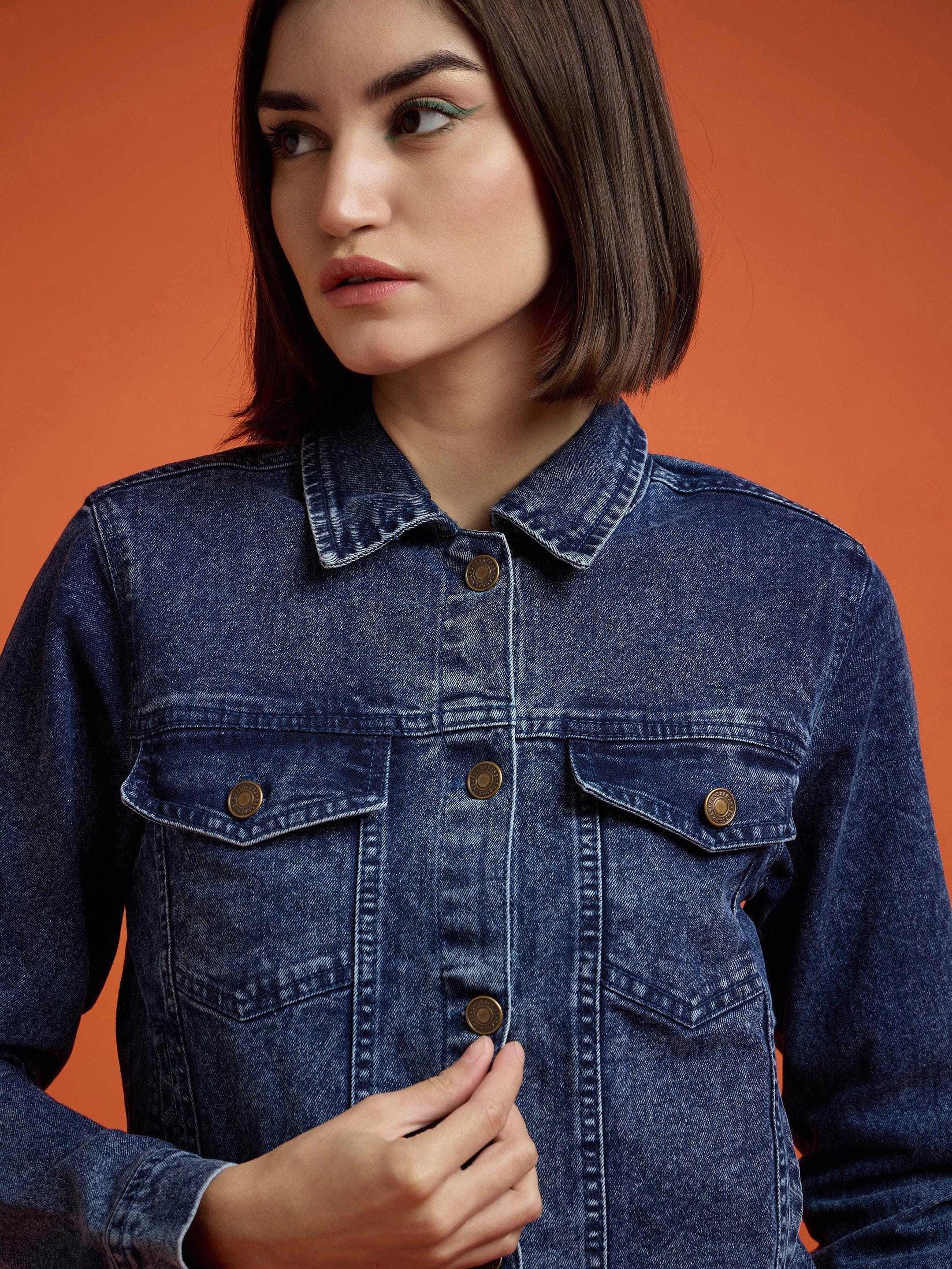 Women Navy Washed Denim Regular Jacket