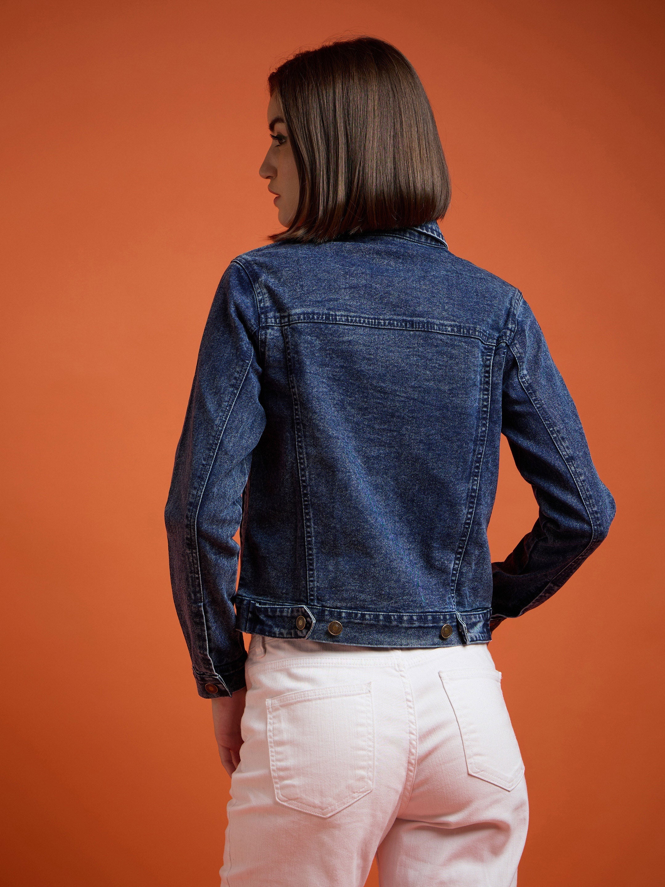 Women Navy Washed Denim Regular Jacket