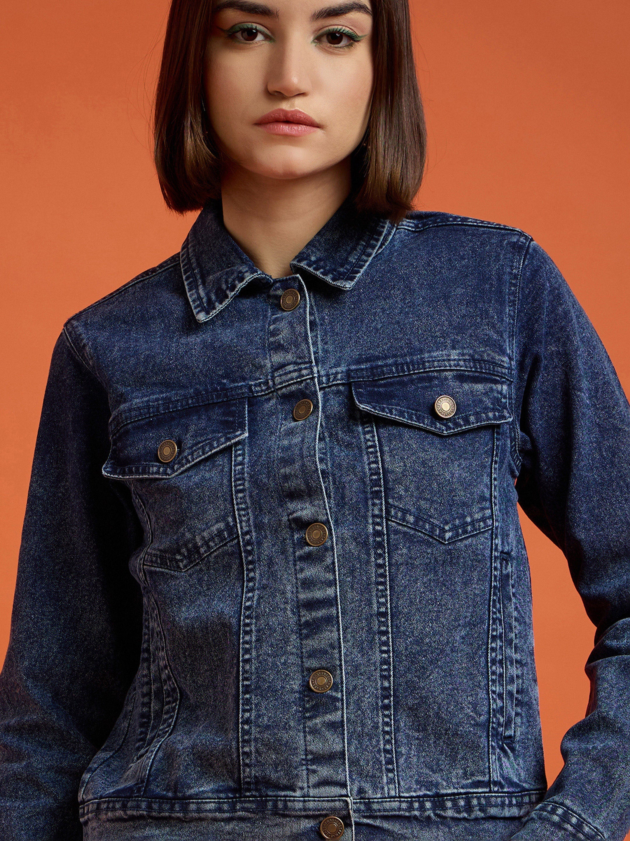 Women Navy Washed Denim Regular Jacket