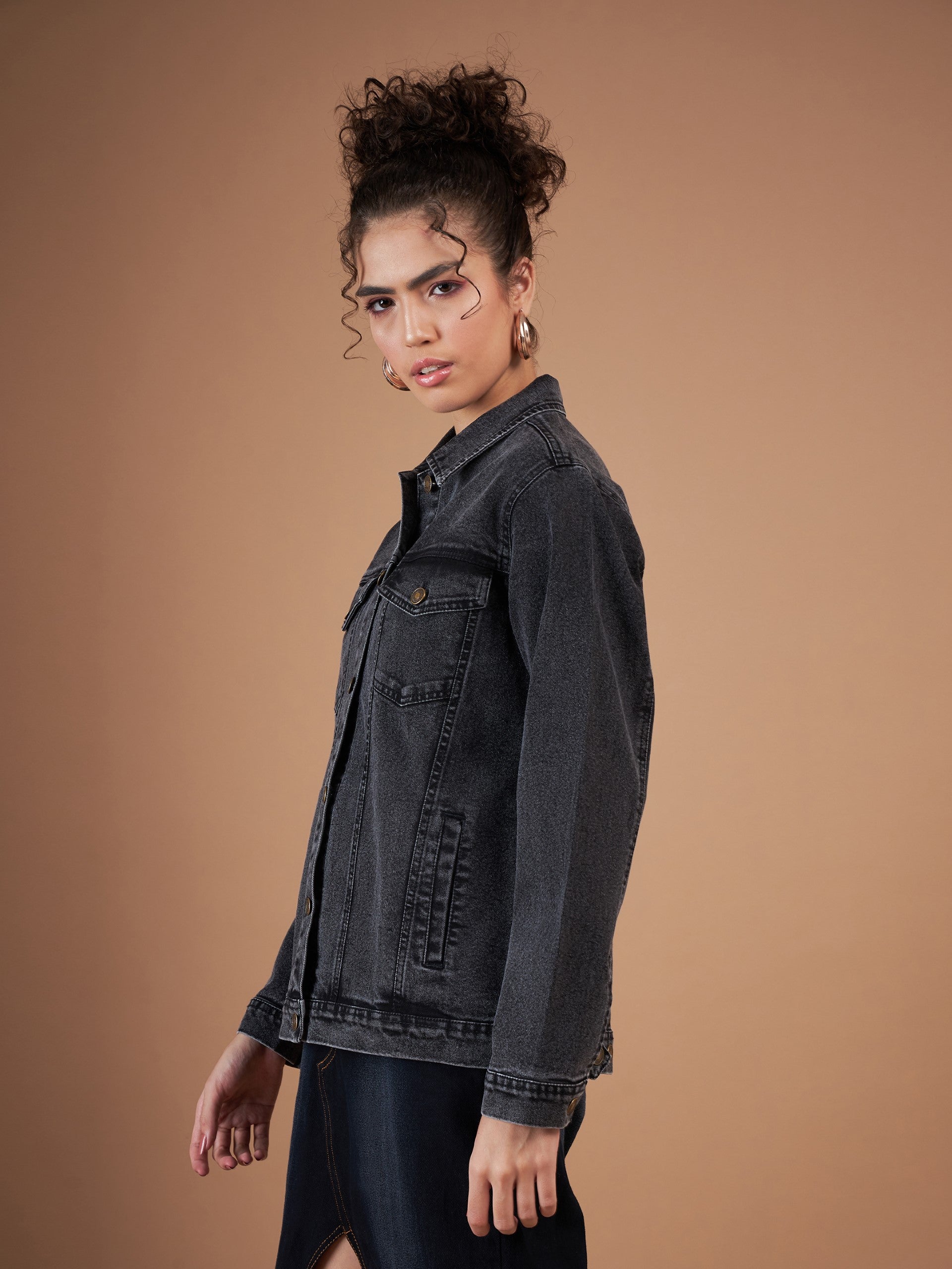 Women Black Washed Denim Oversized Jacket