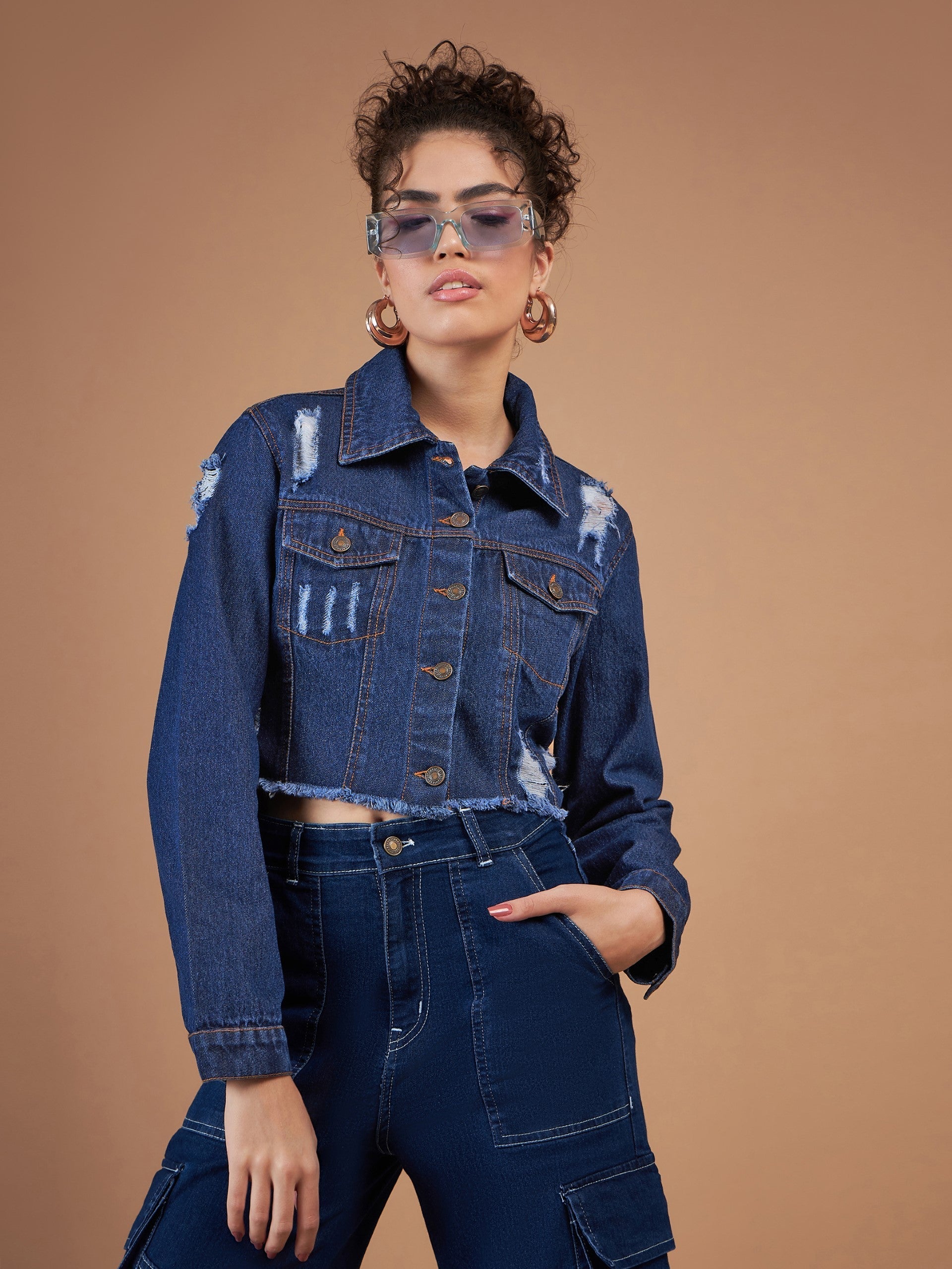 Women Navy Distressed Denim Crop Jacket