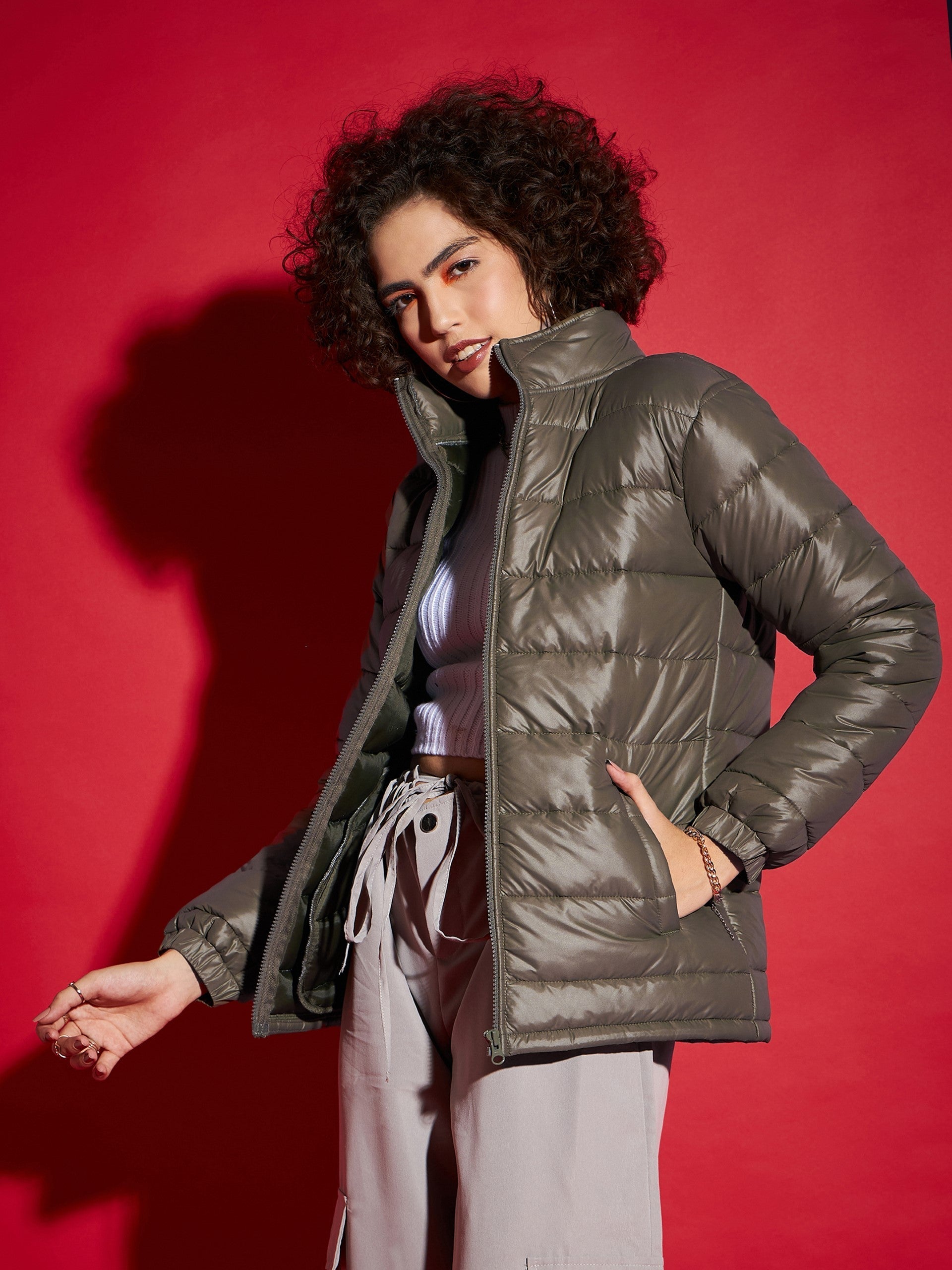 Women Olive High Neck Horizontal Quilt Puffer Jacket