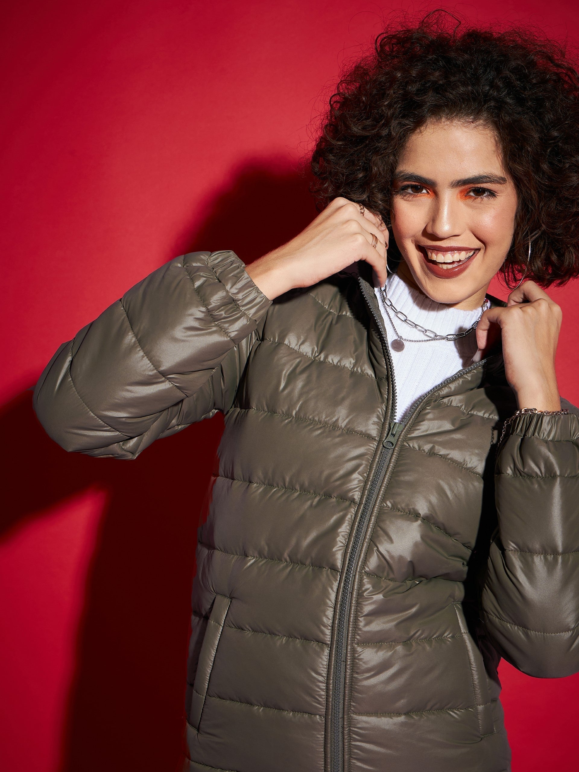 Women Olive High Neck Horizontal Quilt Puffer Jacket