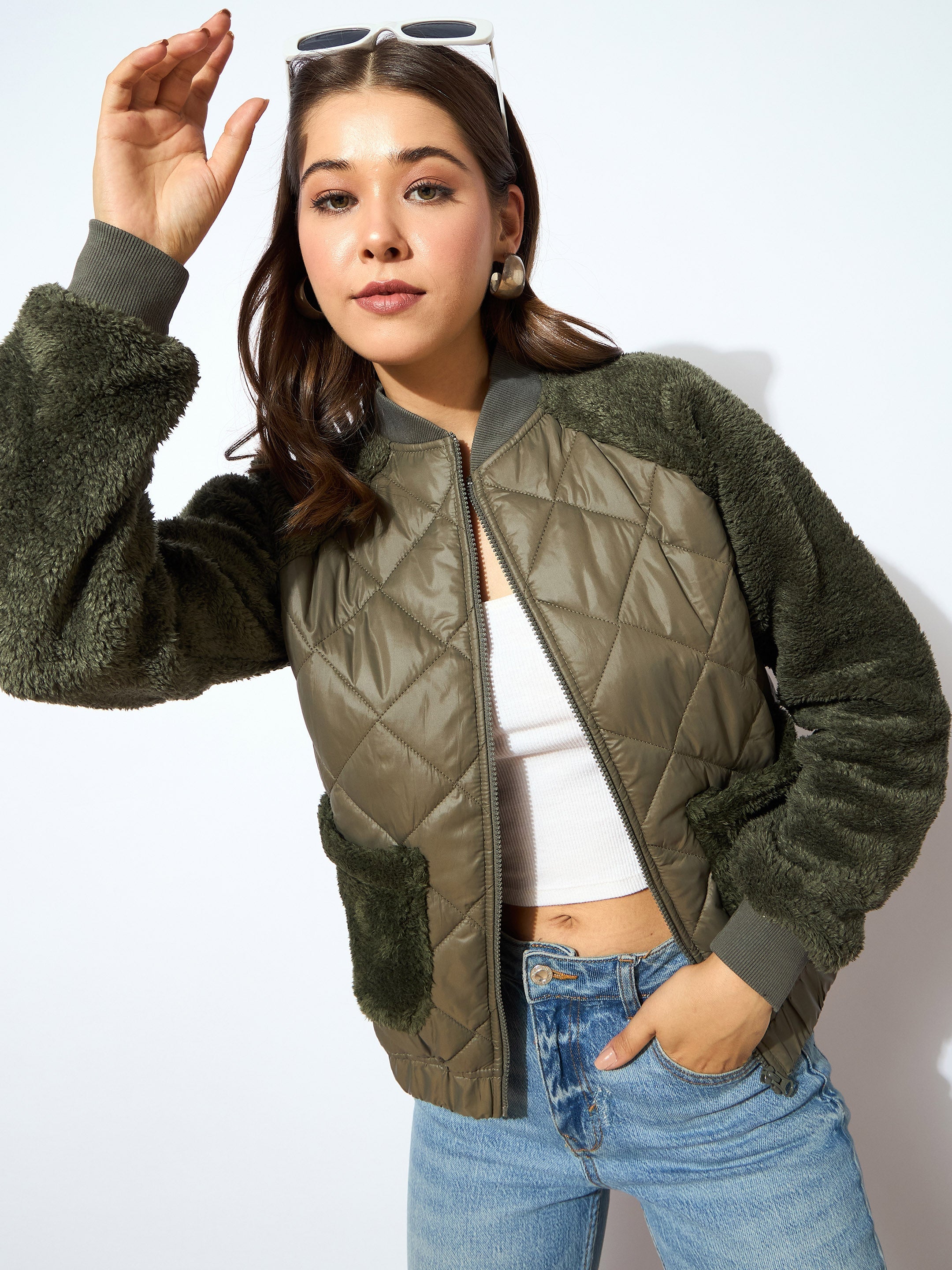 Women Olive Faux Fur Detail Bomber Jacket