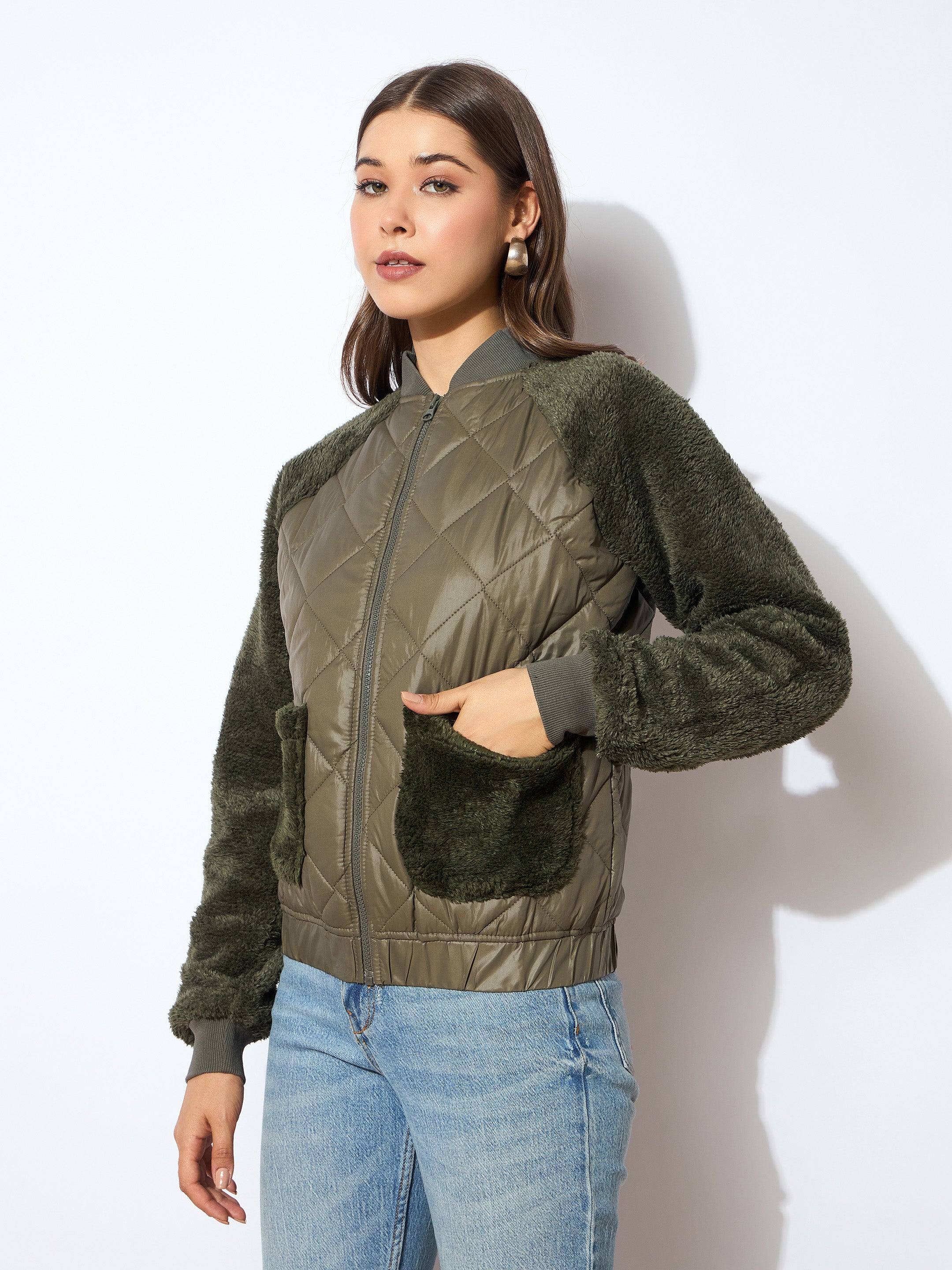 Women Olive Faux Fur Detail Bomber Jacket