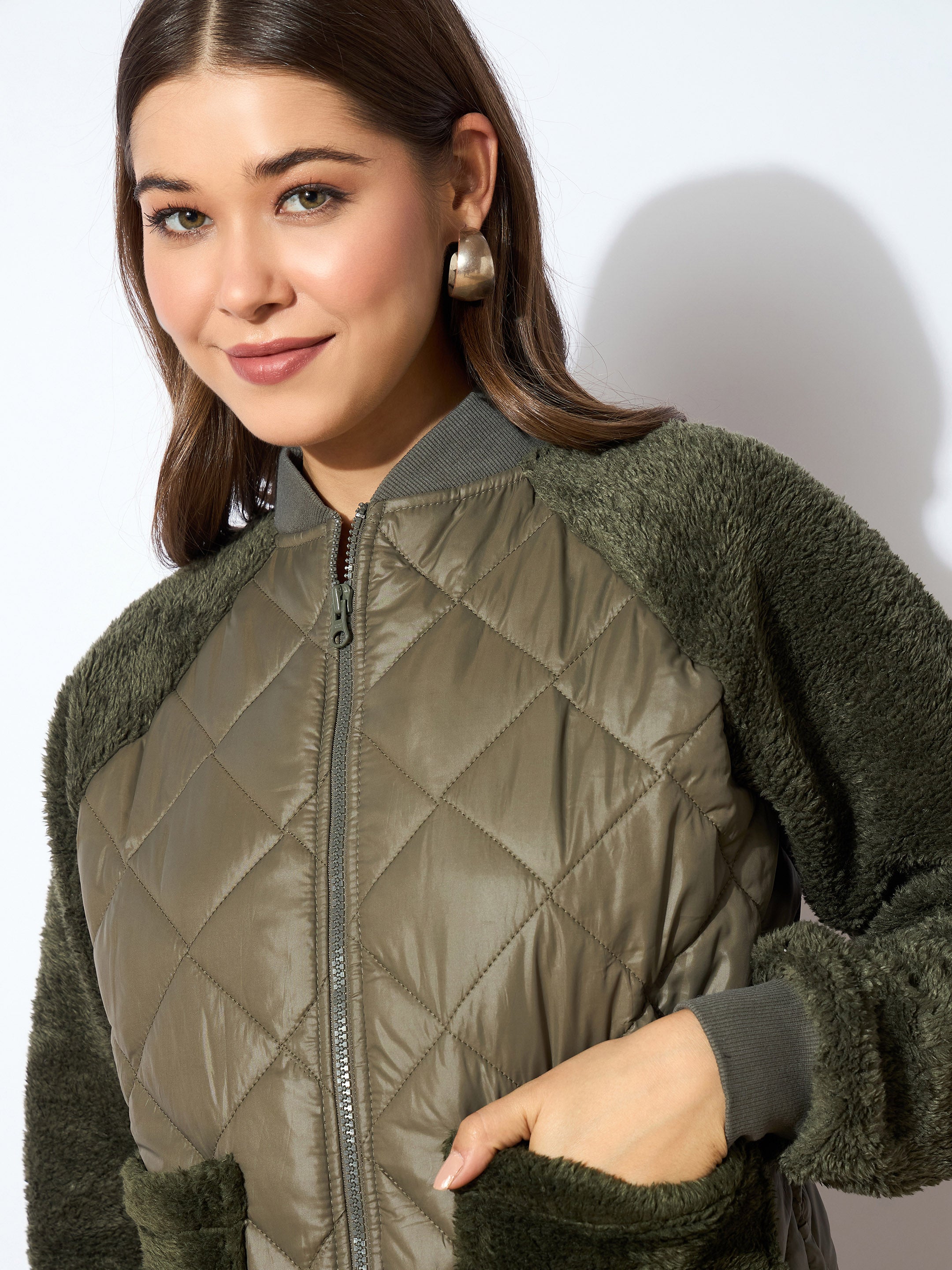 Women Olive Faux Fur Detail Bomber Jacket