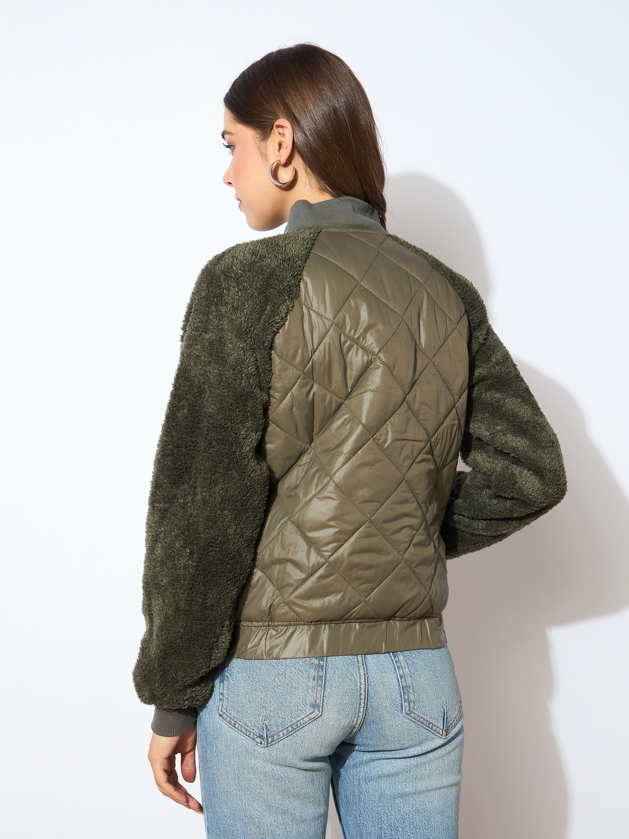 Women Olive Faux Fur Detail Bomber Jacket