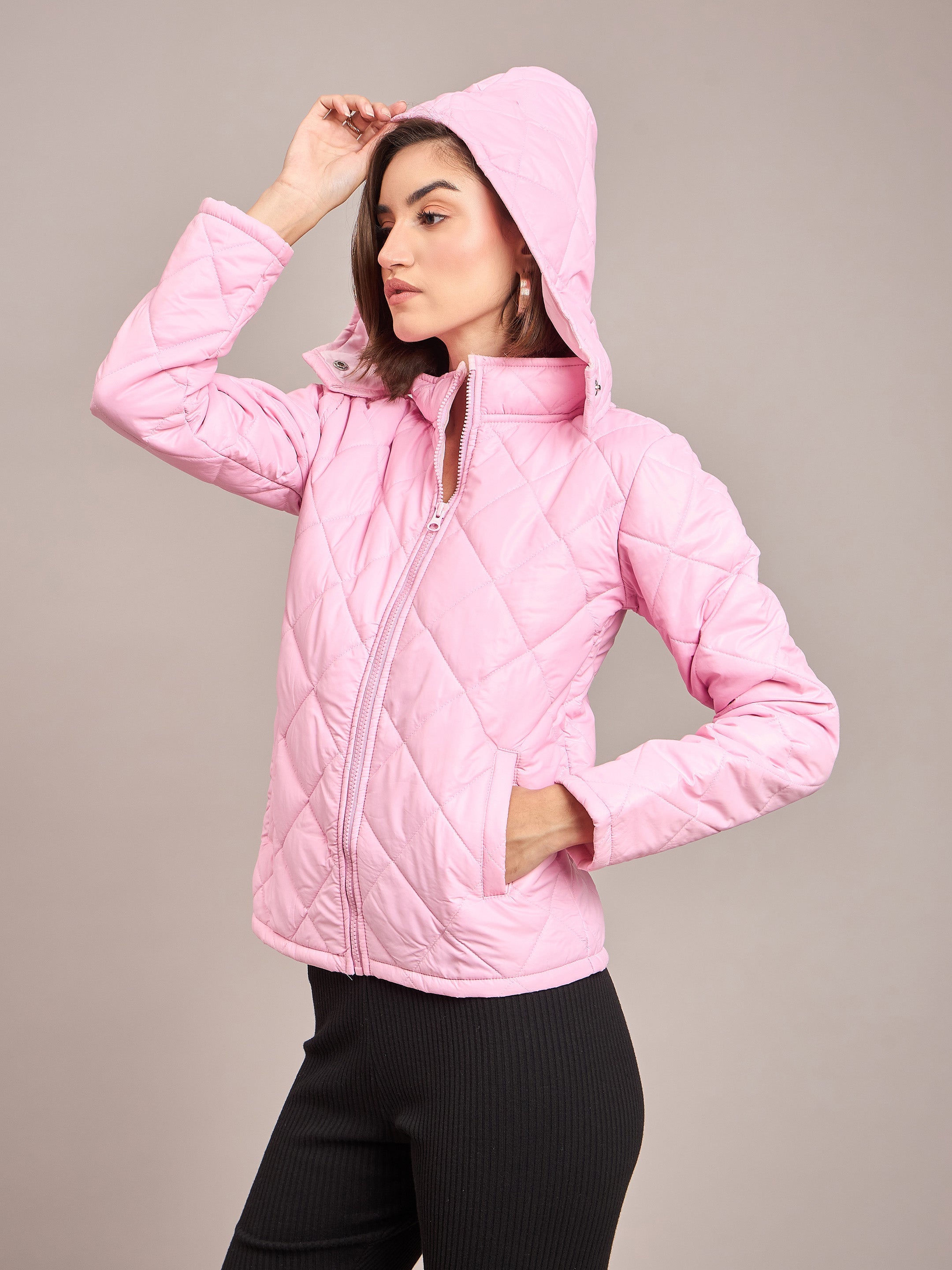 Women Pink Diamond Quilted Hooded Puffer Jacket