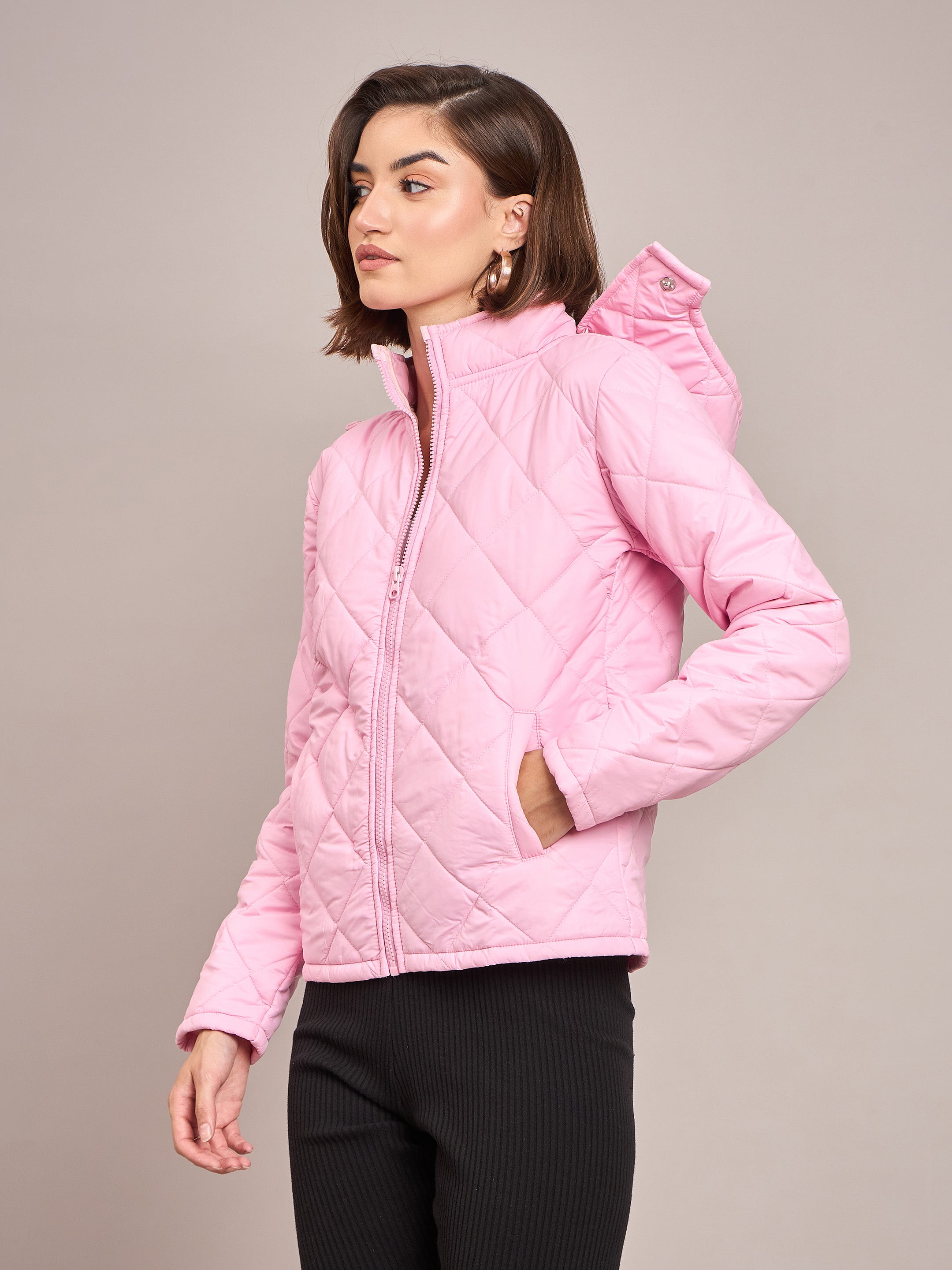 Women Pink Diamond Quilted Hooded Puffer Jacket