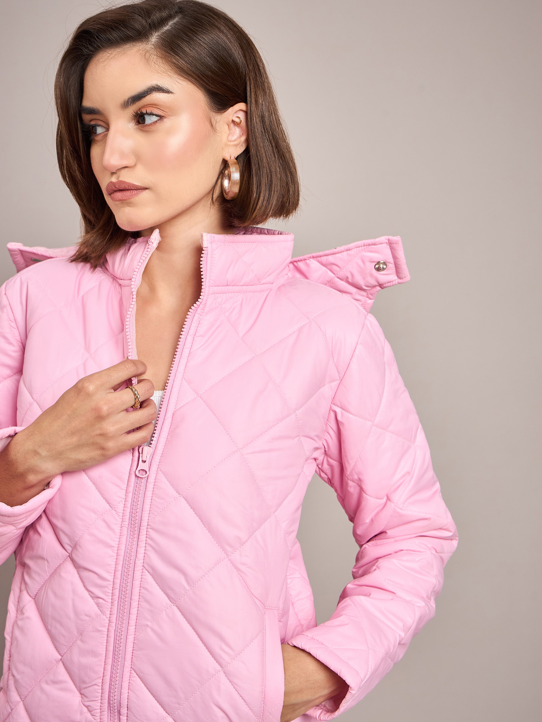 Women Pink Diamond Quilted Hooded Puffer Jacket