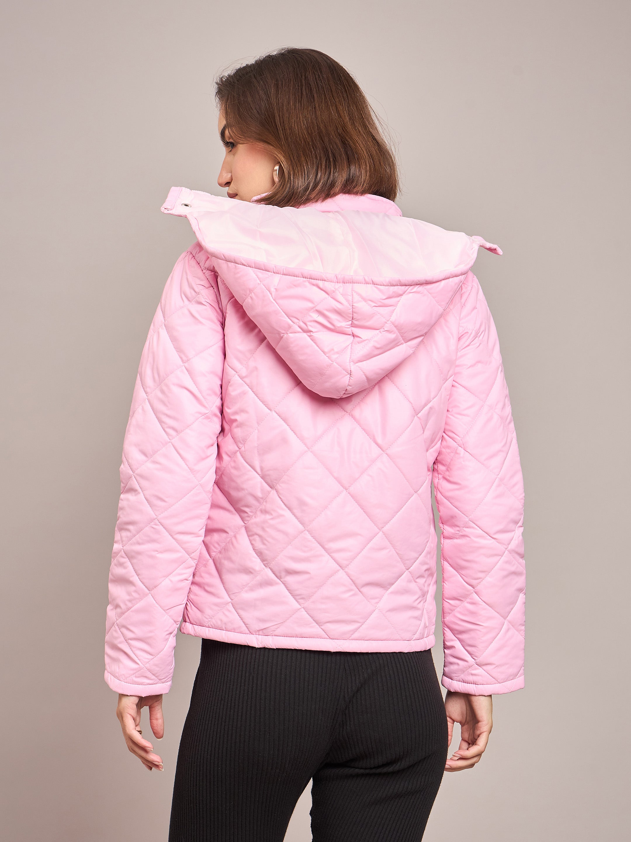 Women Pink Diamond Quilted Hooded Puffer Jacket