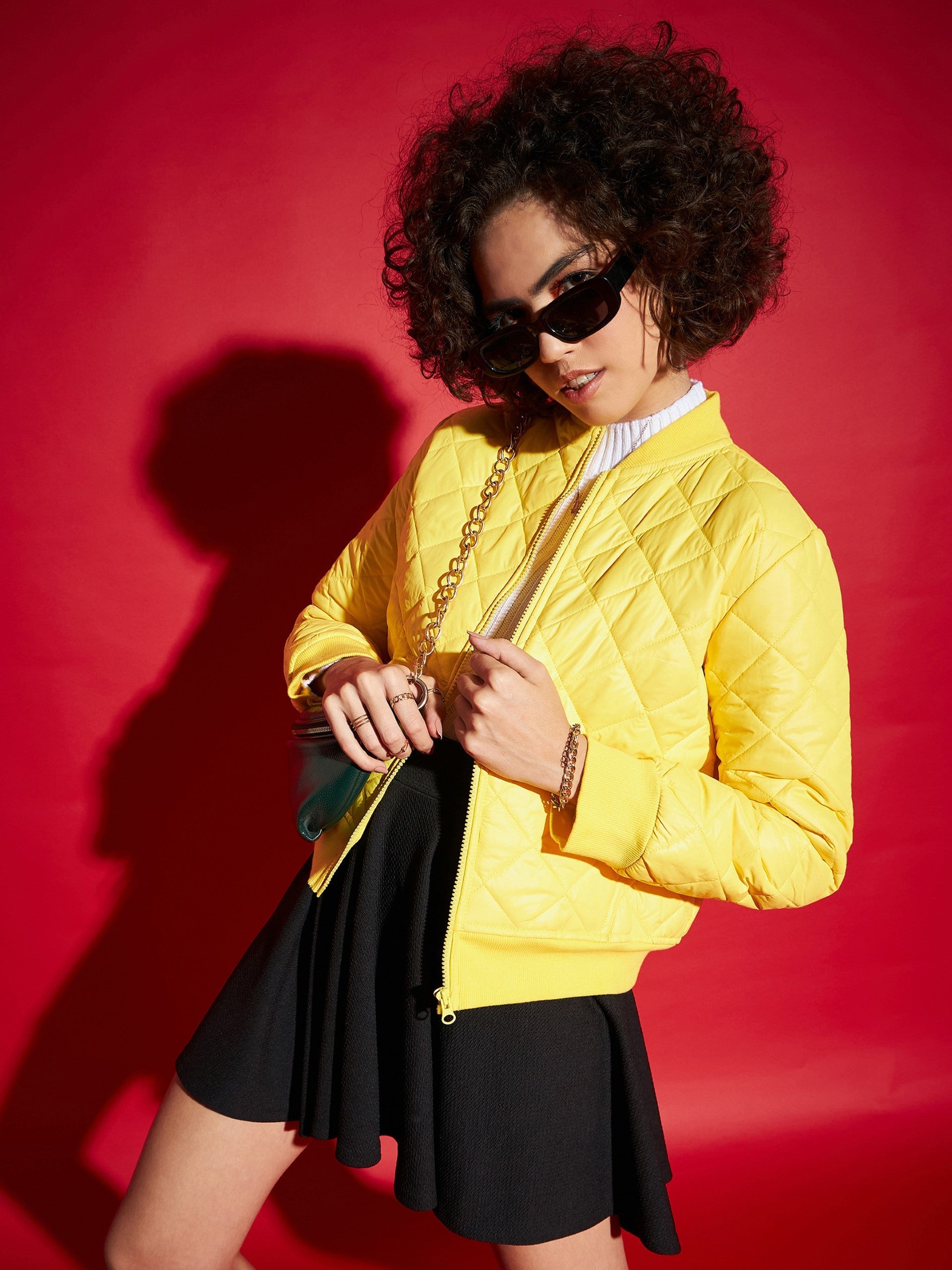 Women Yellow Diamond Quilted Bomber Jacket