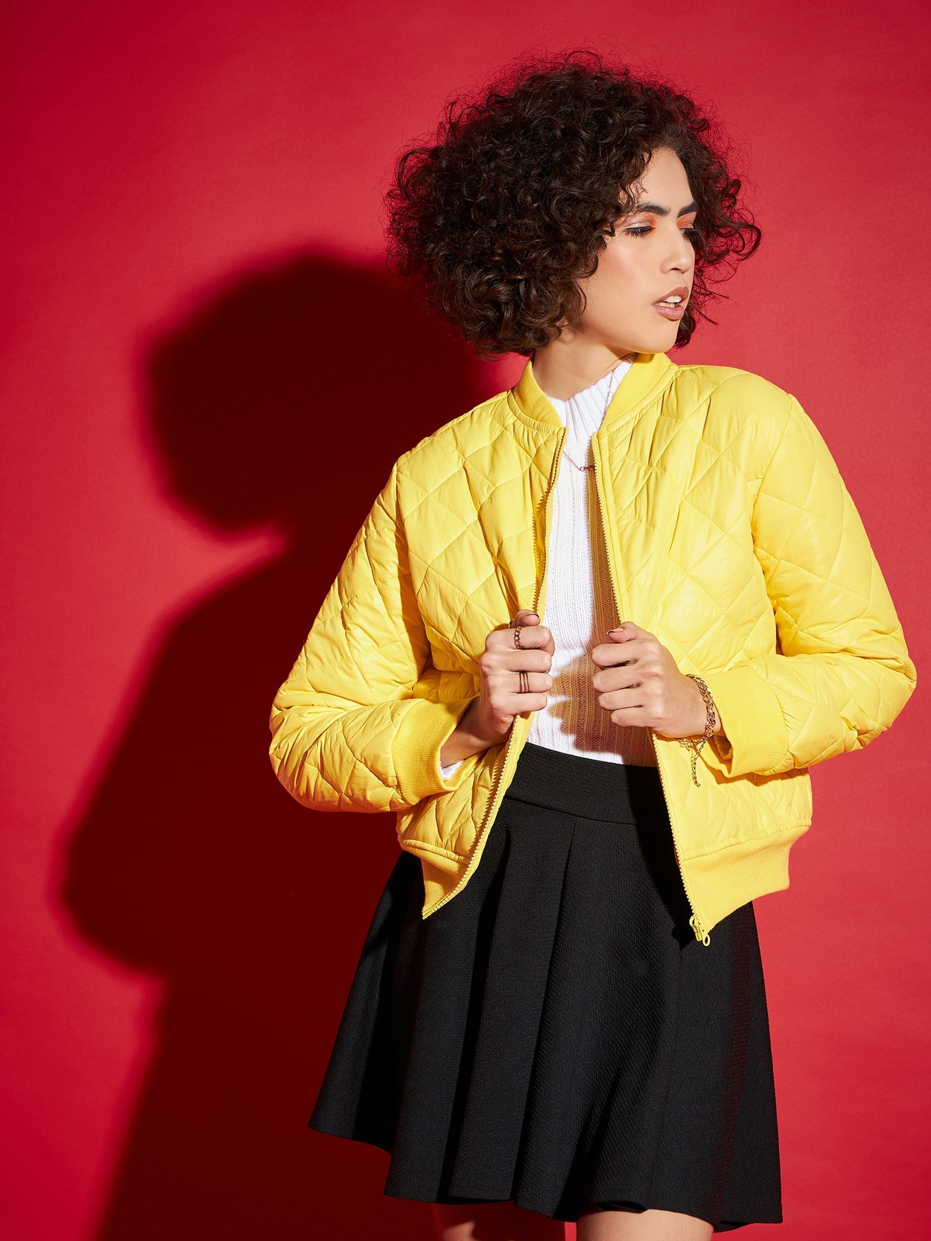 Women Yellow Diamond Quilted Bomber Jacket