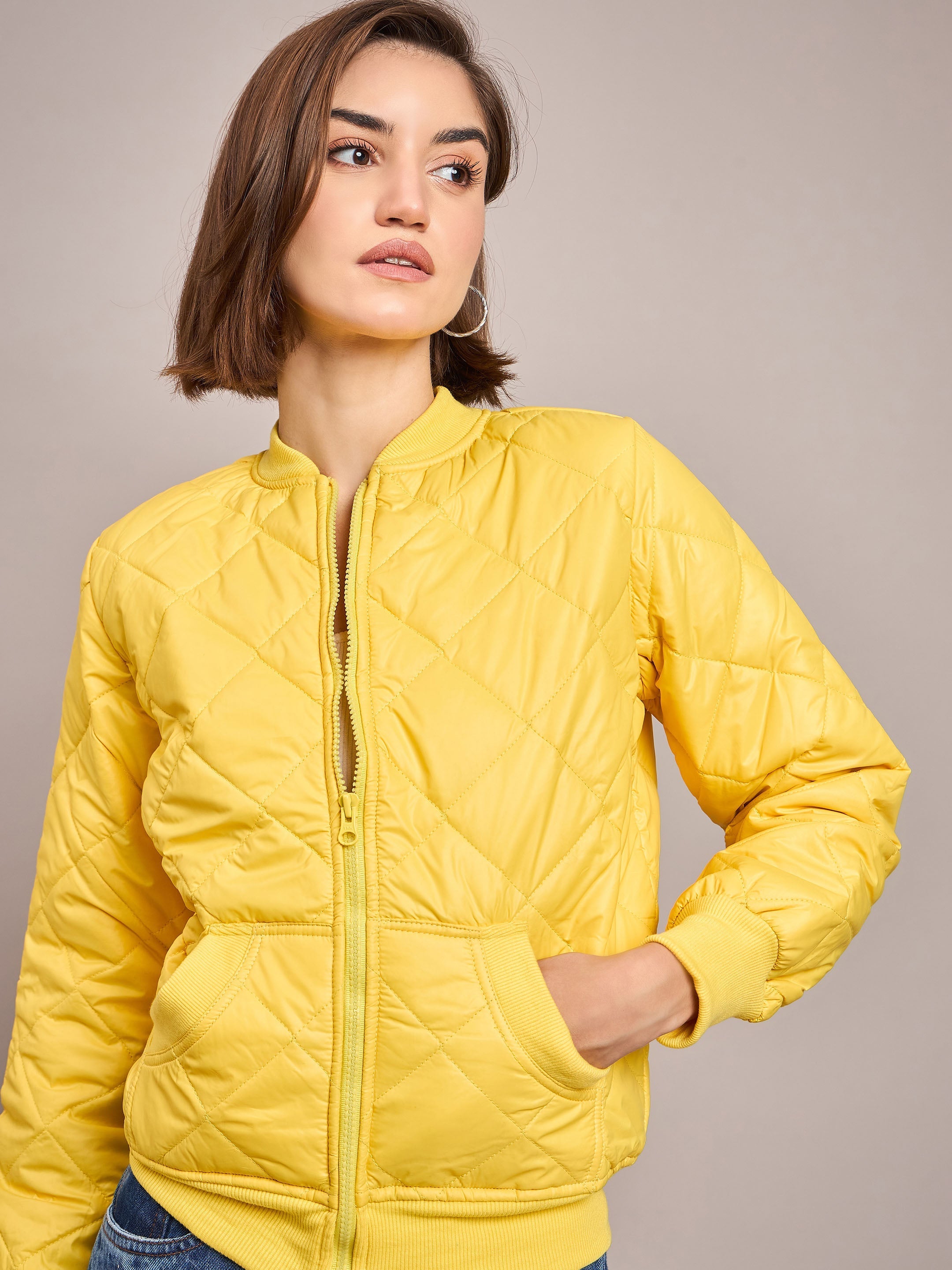 Women Yellow Diamond Quilted Bomber Jacket