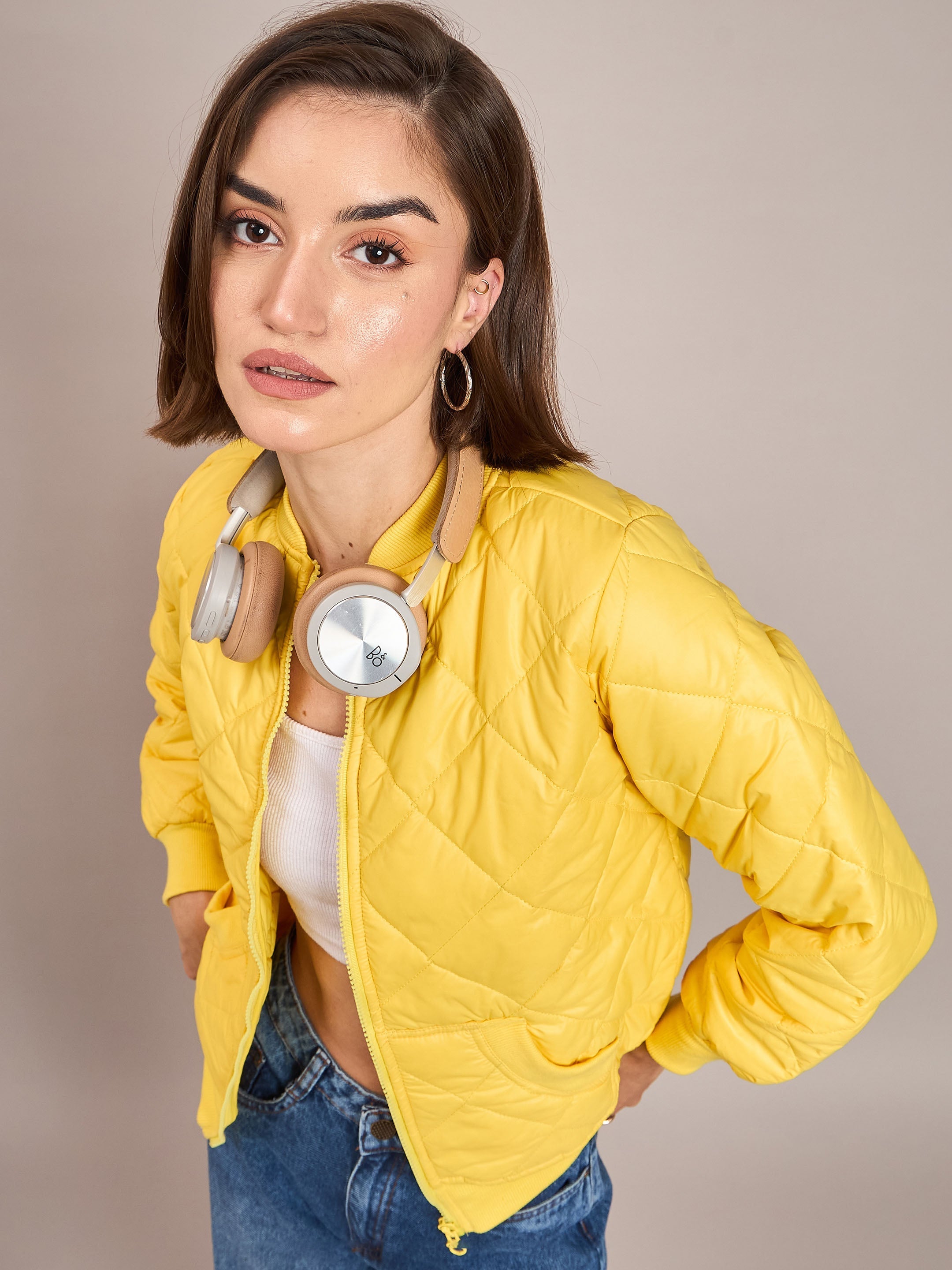 Women Yellow Diamond Quilted Bomber Jacket