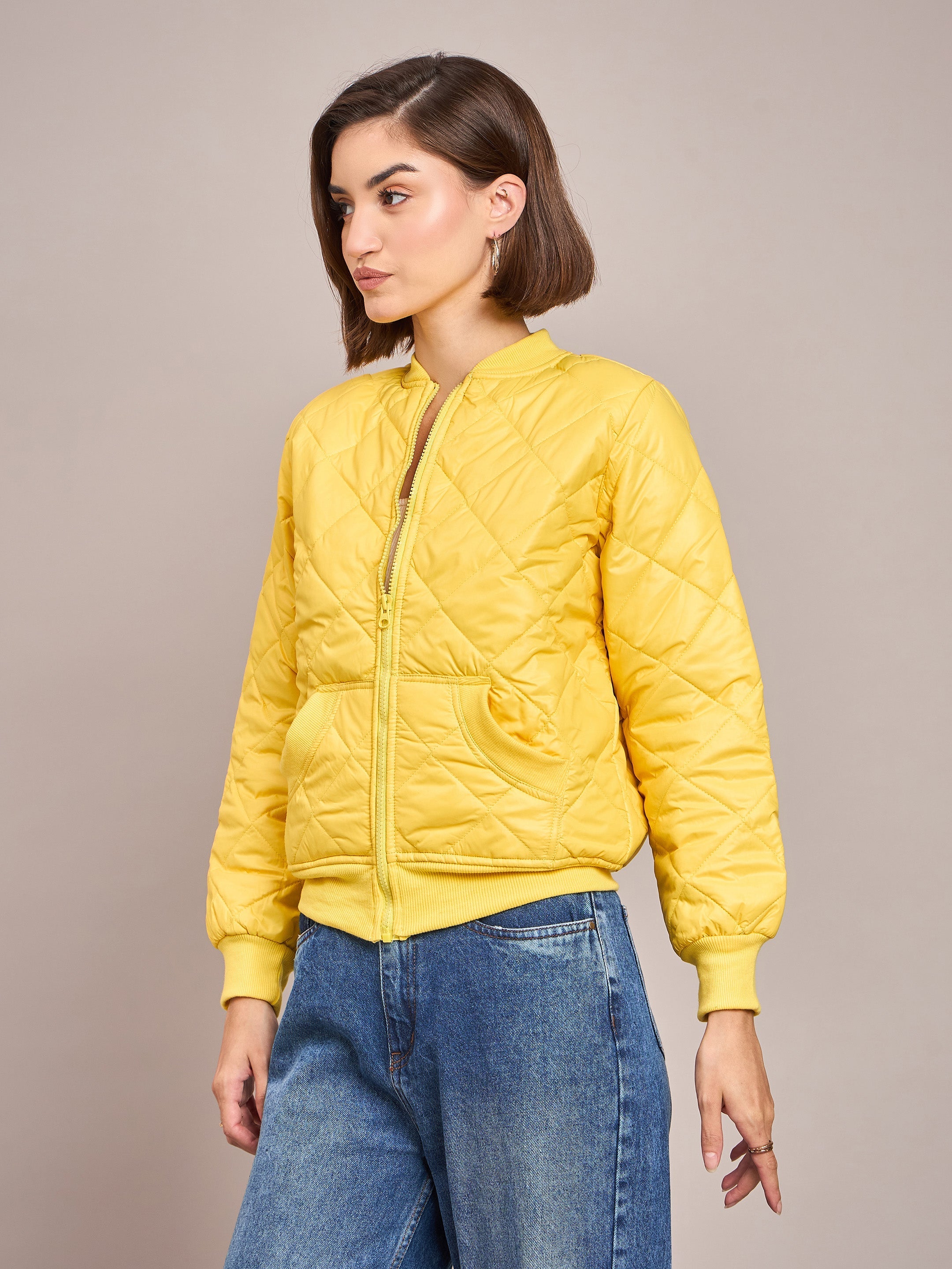 Women Yellow Diamond Quilted Bomber Jacket