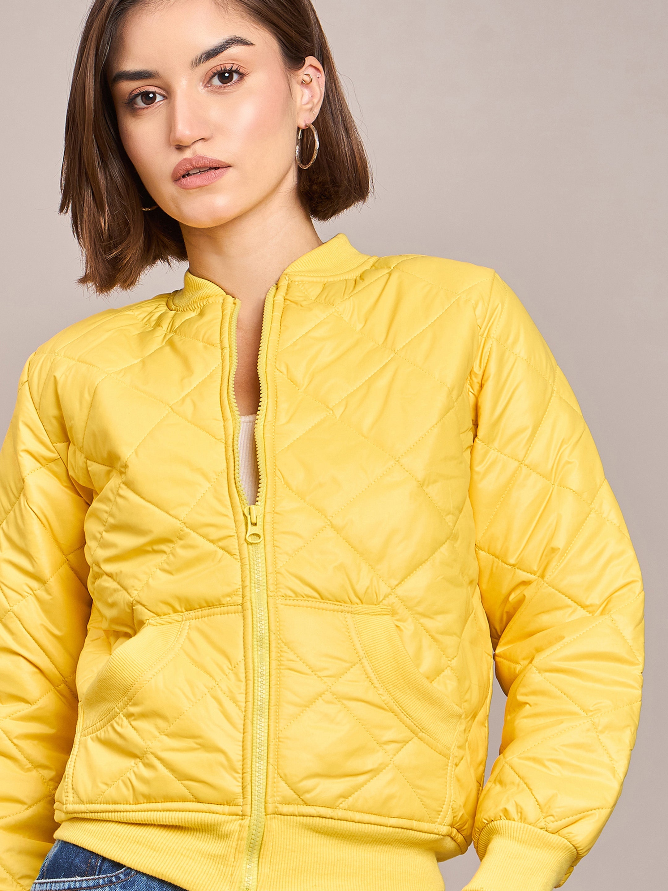 Women Yellow Diamond Quilted Bomber Jacket