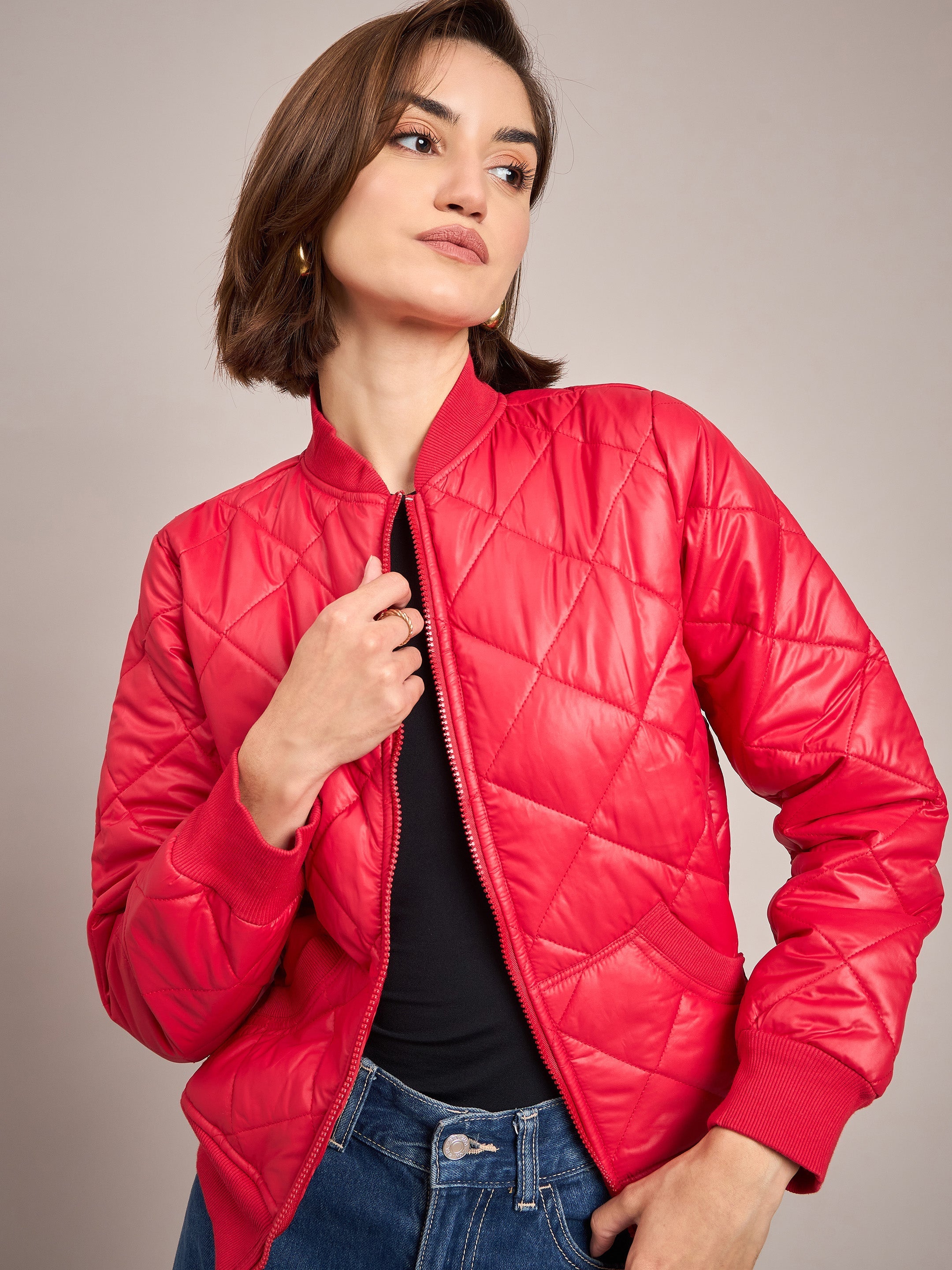 Women Red Diamond Quilted Bomber Jacket