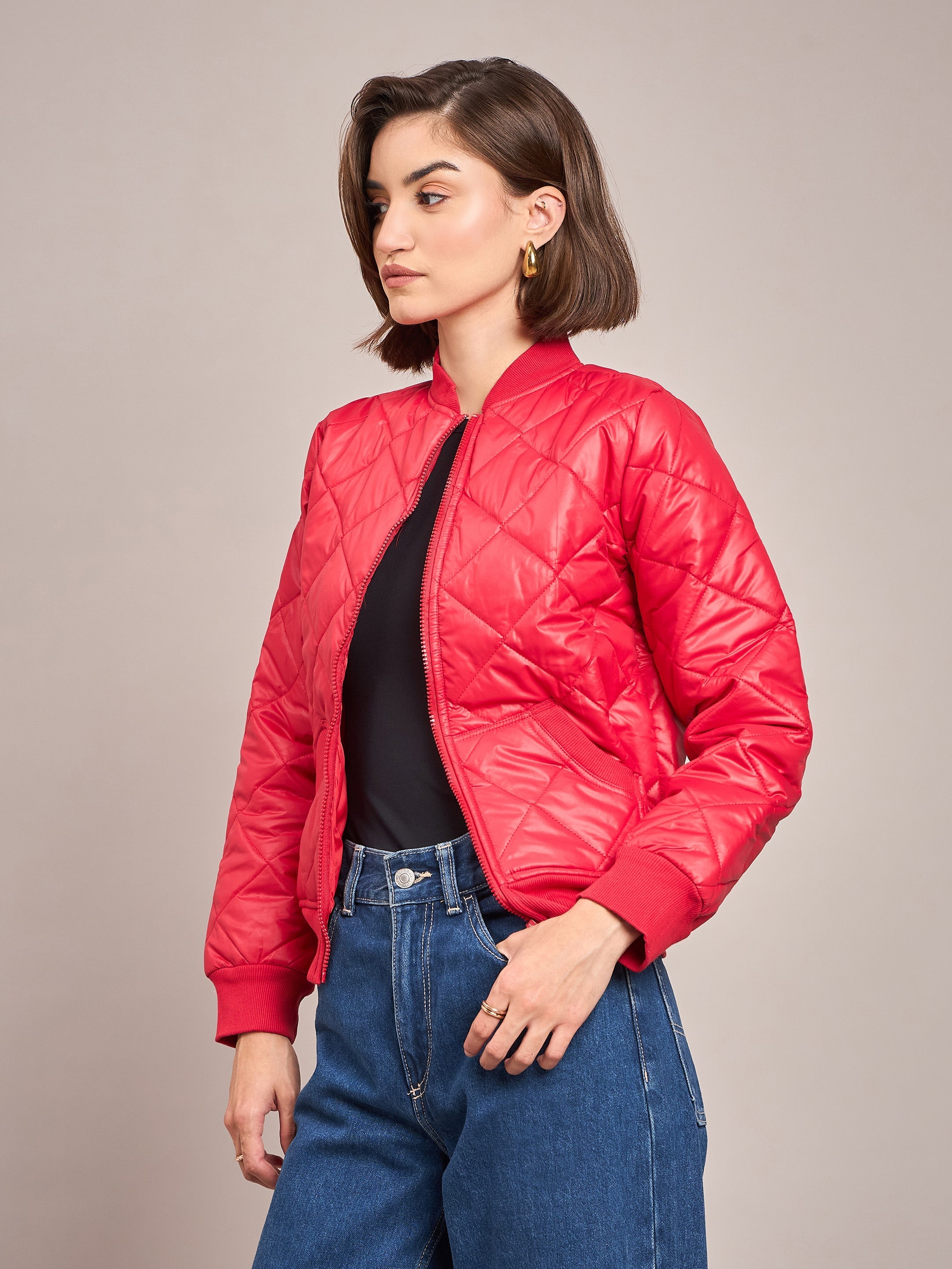 Women Red Diamond Quilted Bomber Jacket