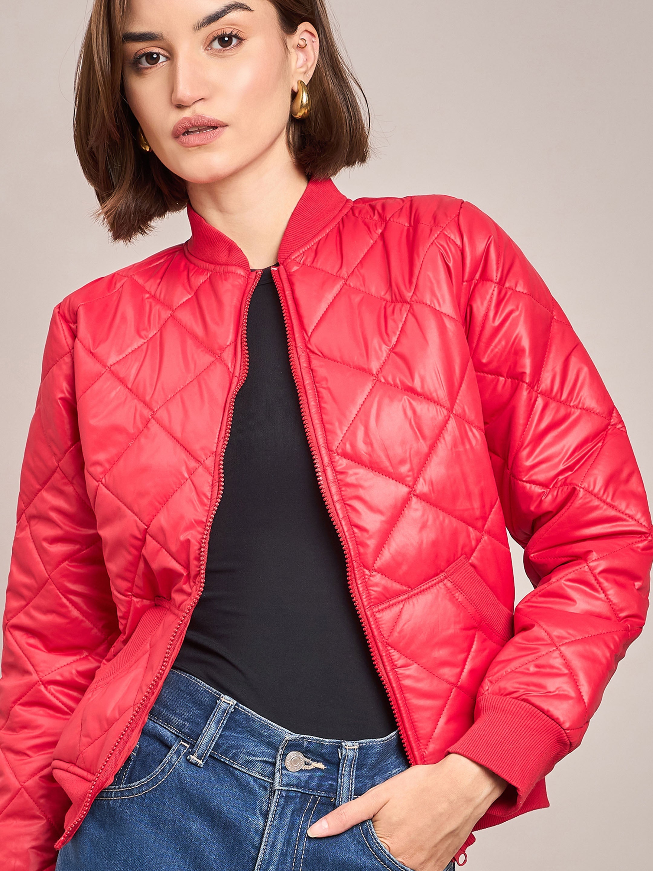 Women Red Diamond Quilted Bomber Jacket