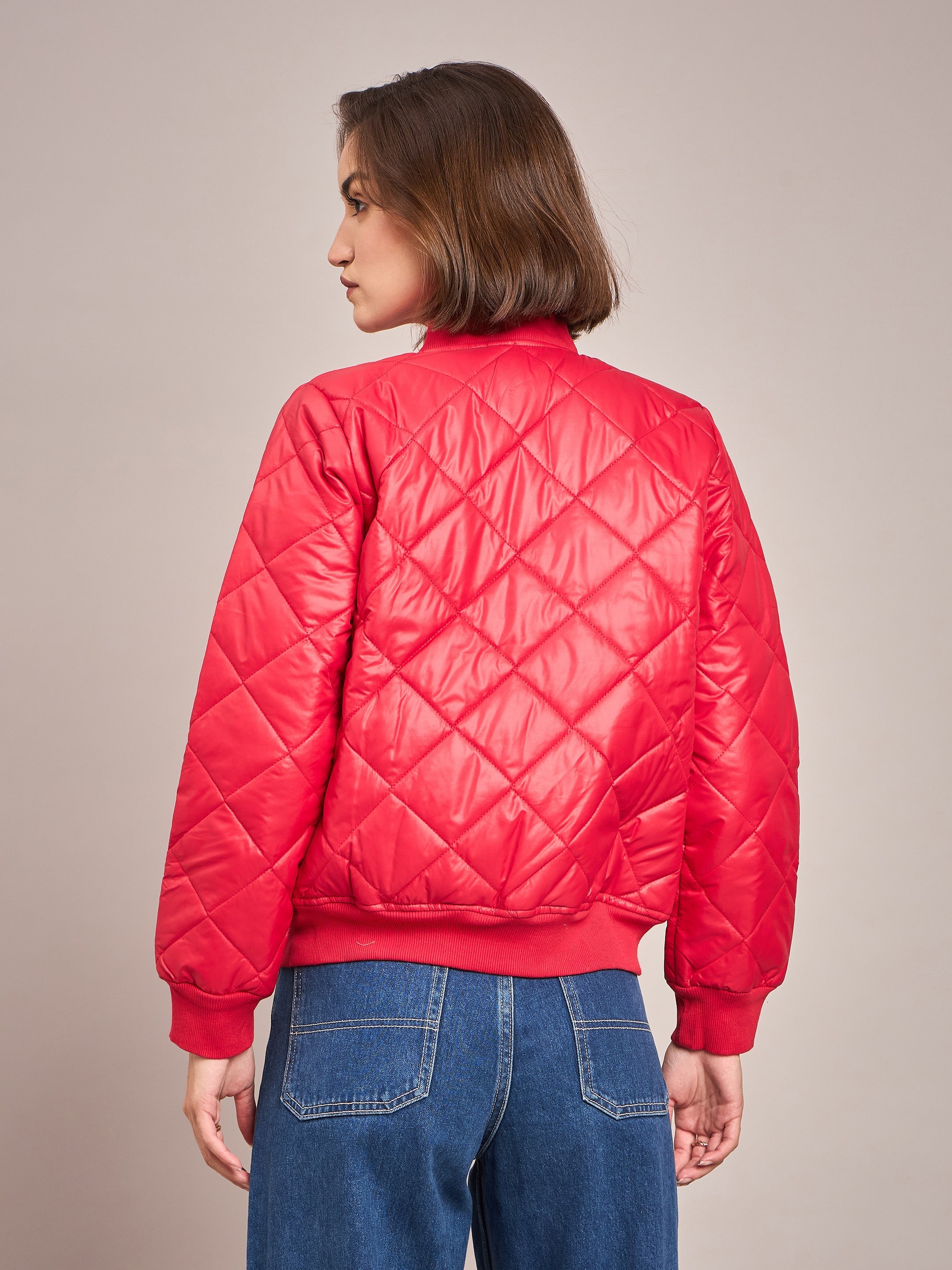 Women Red Diamond Quilted Bomber Jacket