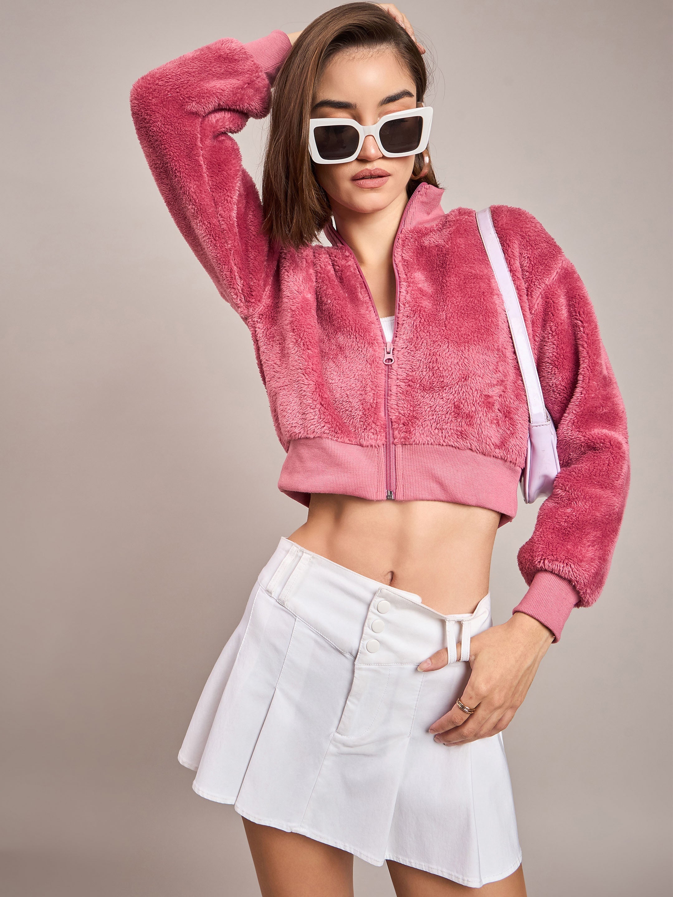 Women Pink Fur High Neck Crop Bomber Jacket