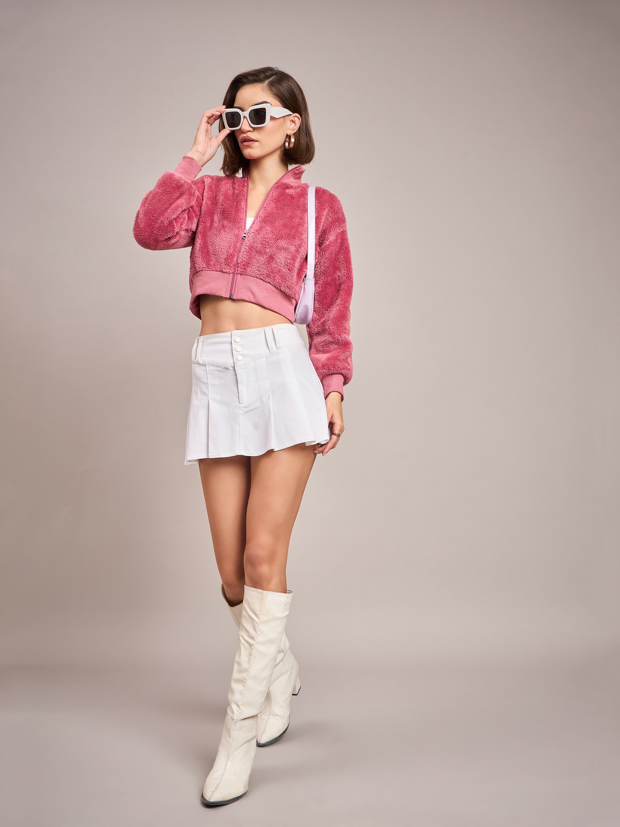 Women Pink Fur High Neck Crop Bomber Jacket