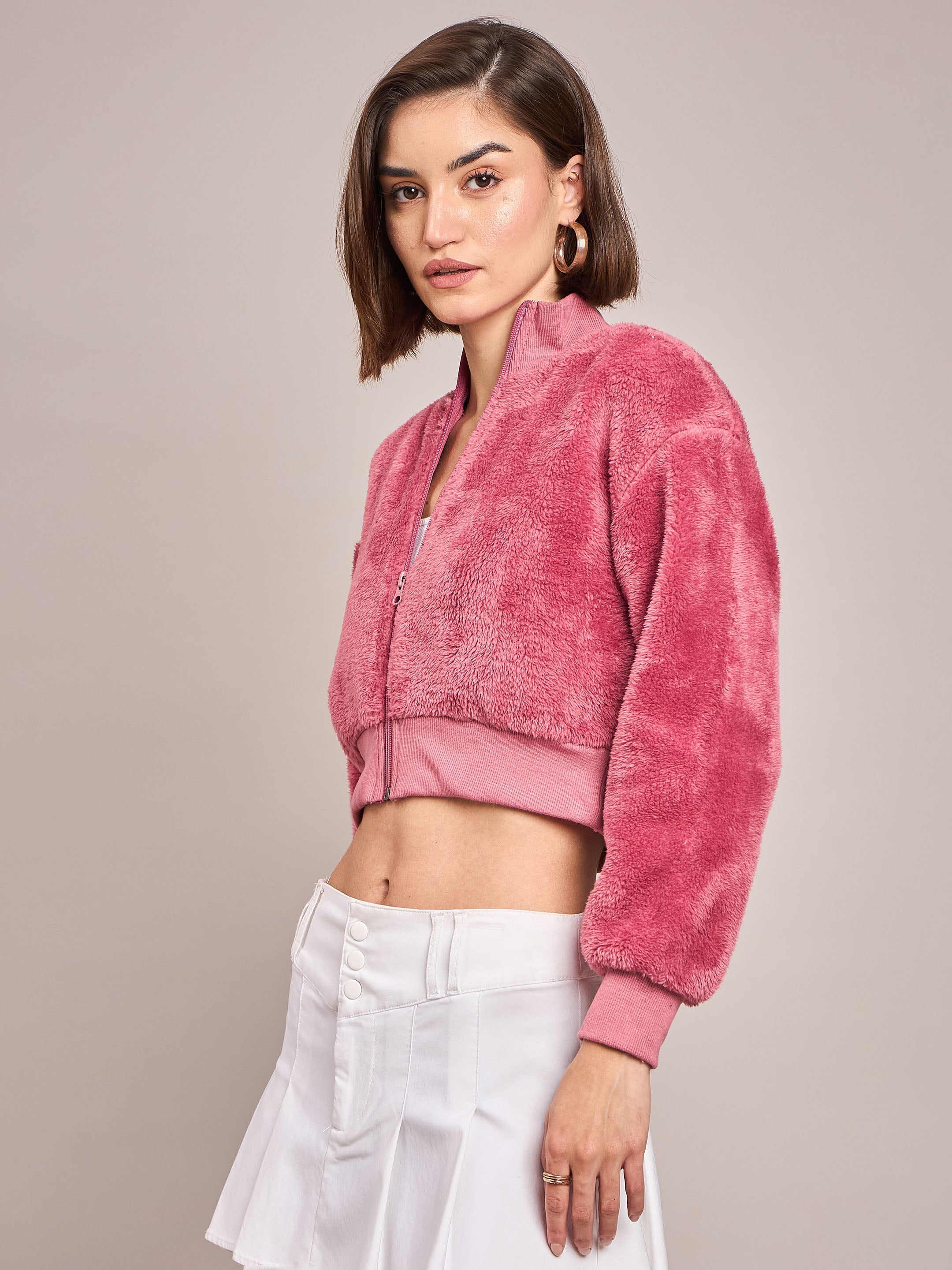 Women Pink Fur High Neck Crop Bomber Jacket