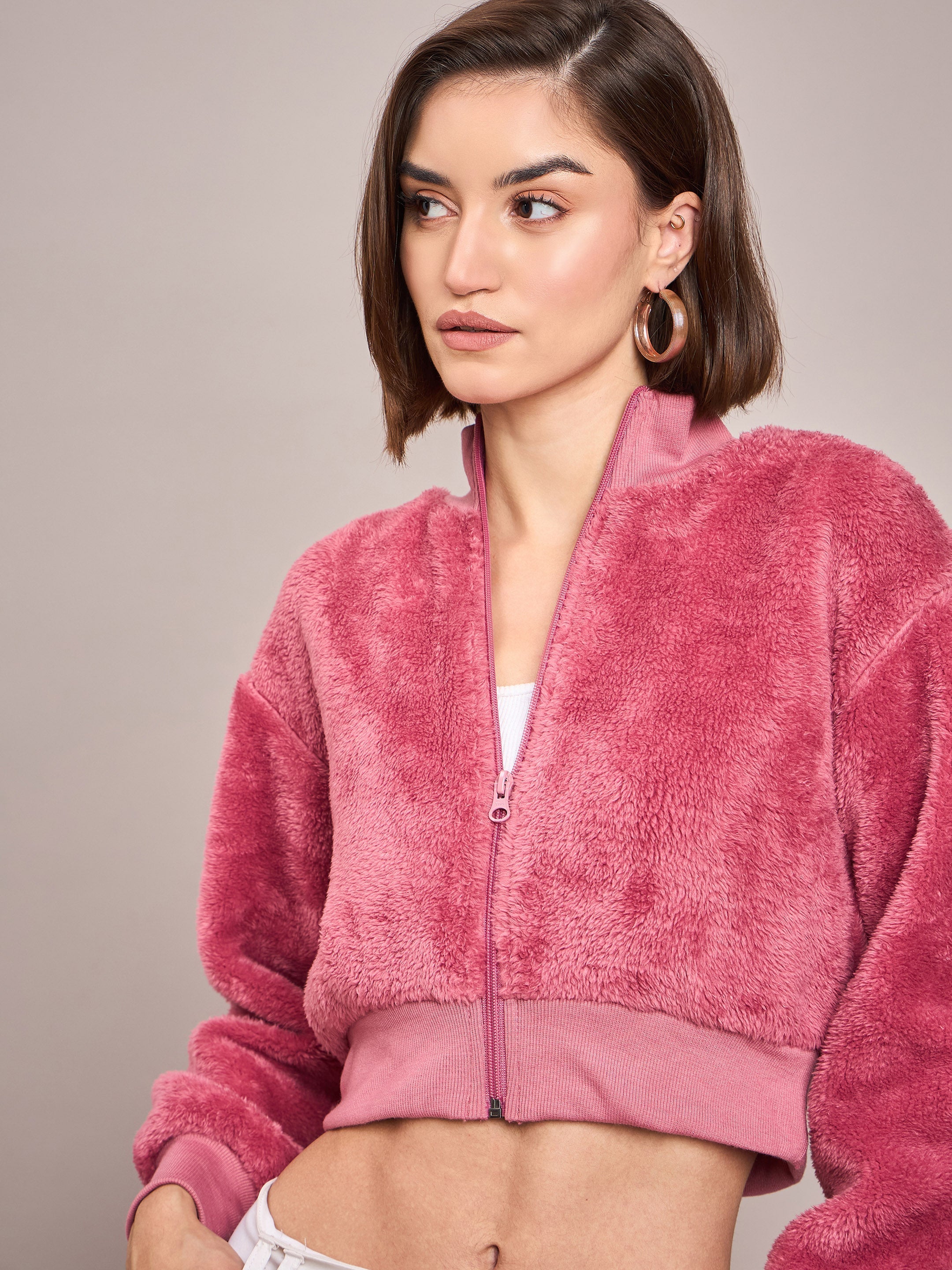 Women Pink Fur High Neck Crop Bomber Jacket