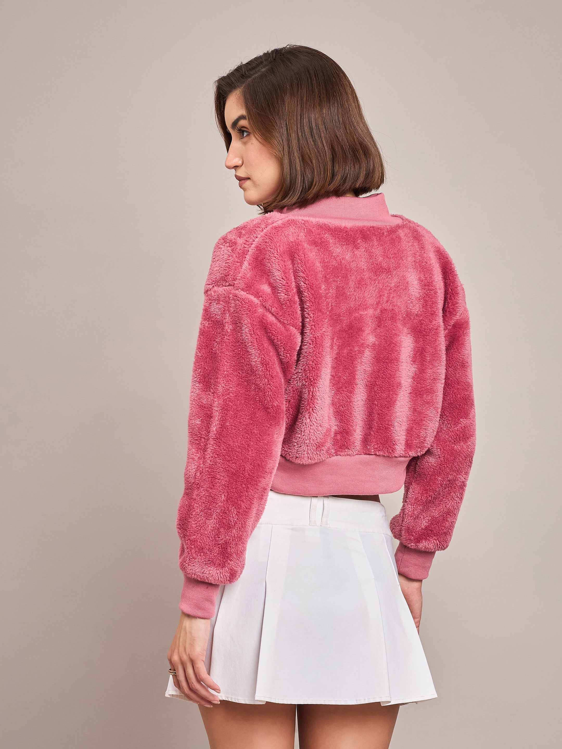 Women Pink Fur High Neck Crop Bomber Jacket