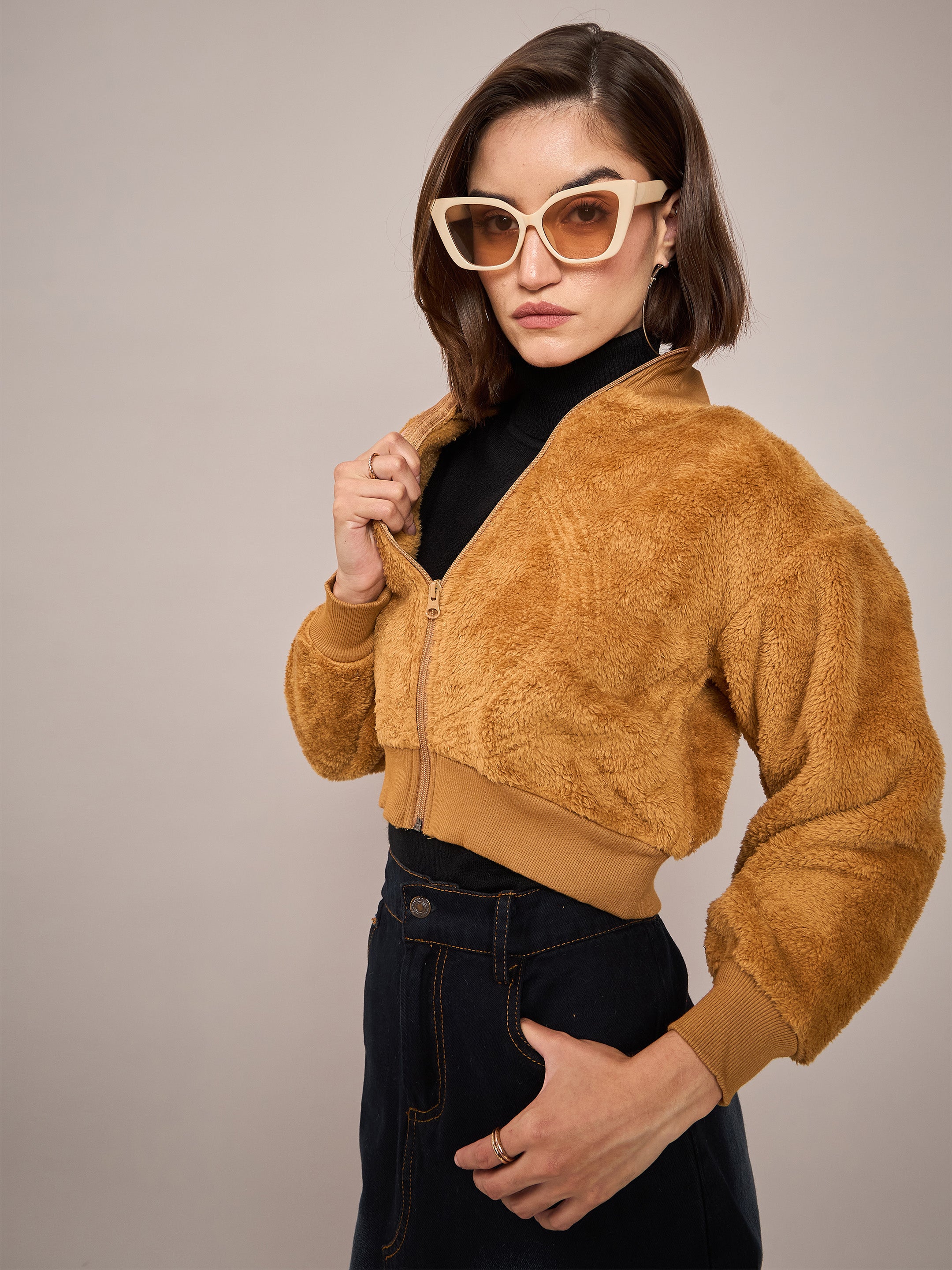 Women Brown Fur High Neck Crop Bomber Jacket