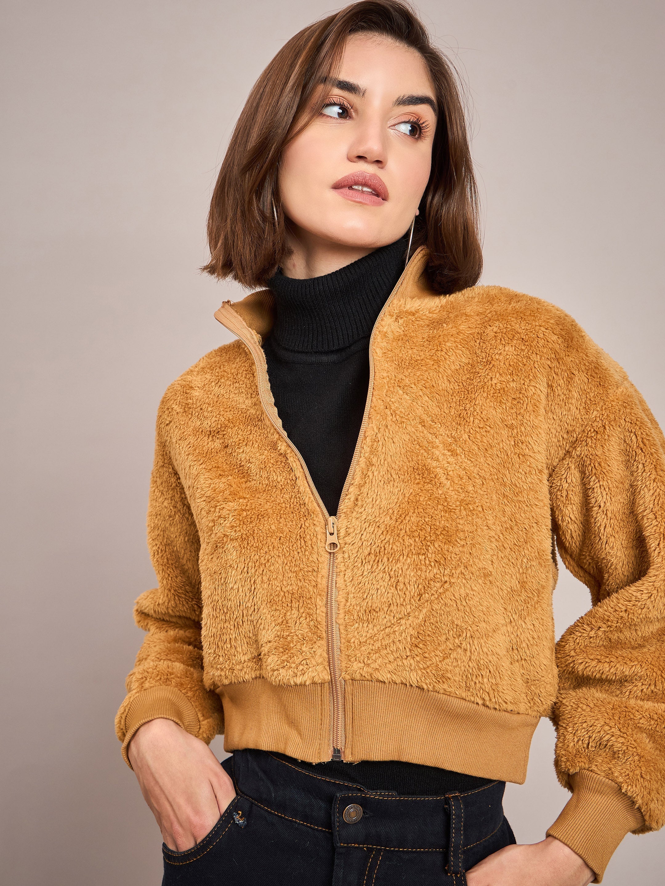 Women Brown Fur High Neck Crop Bomber Jacket