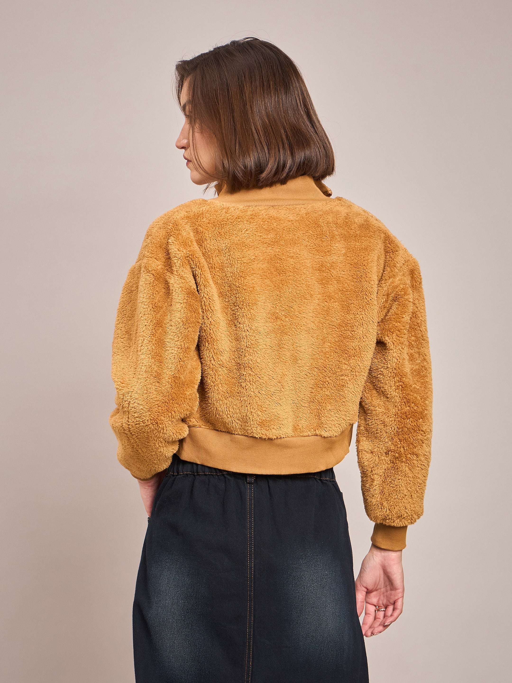 Women Brown Fur High Neck Crop Bomber Jacket