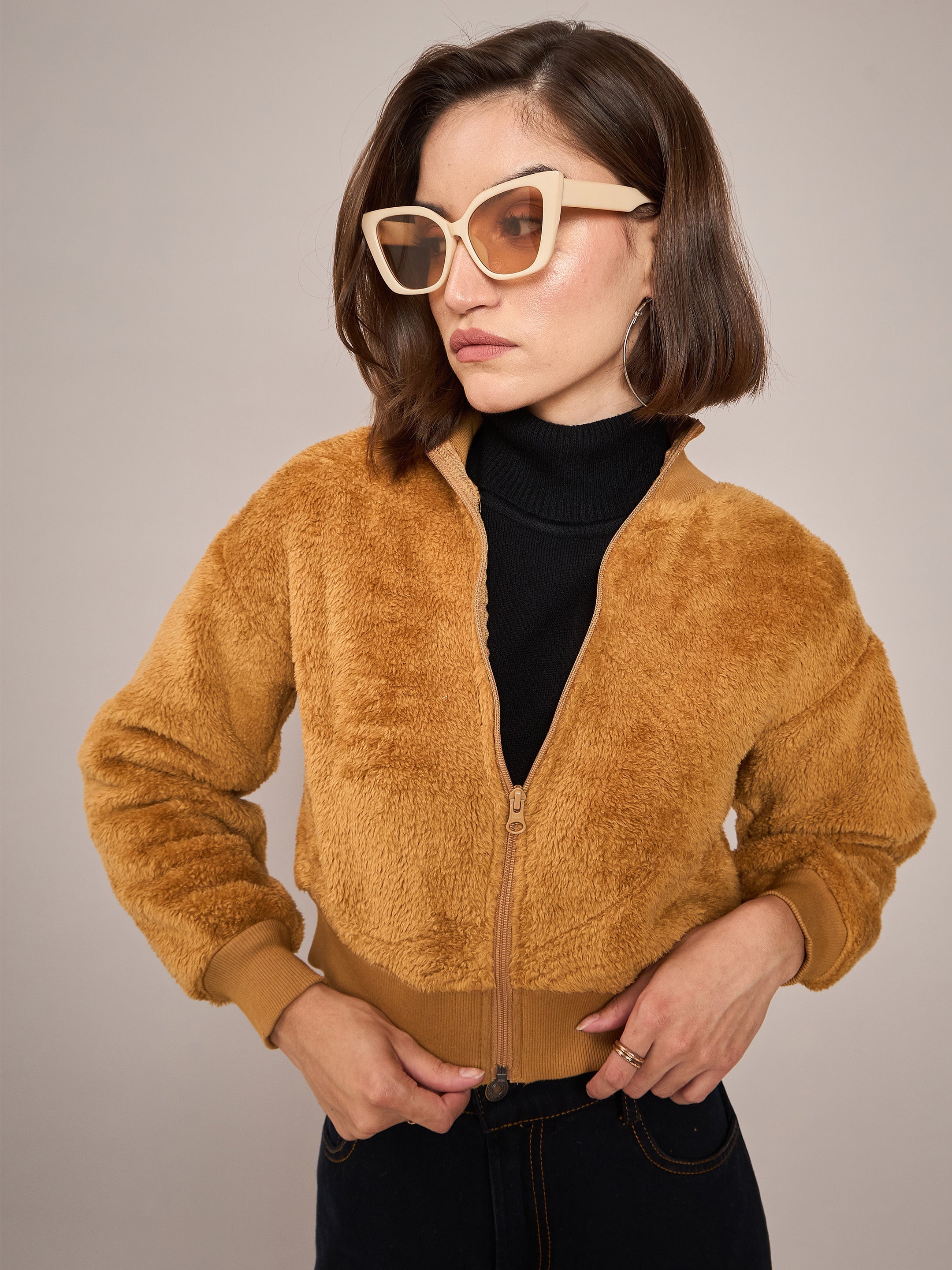 Women Brown Fur High Neck Crop Bomber Jacket