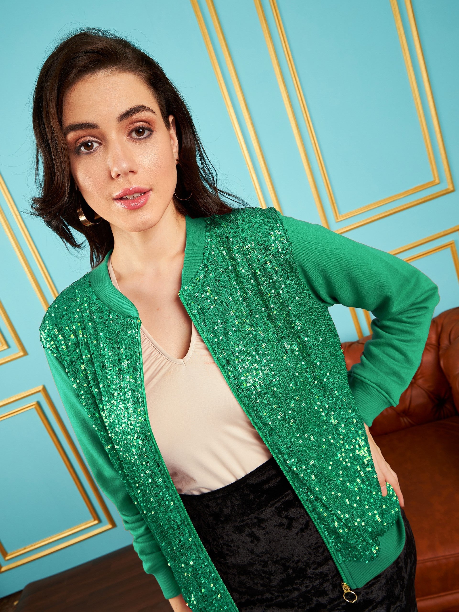 Women Green Sequin Jacket